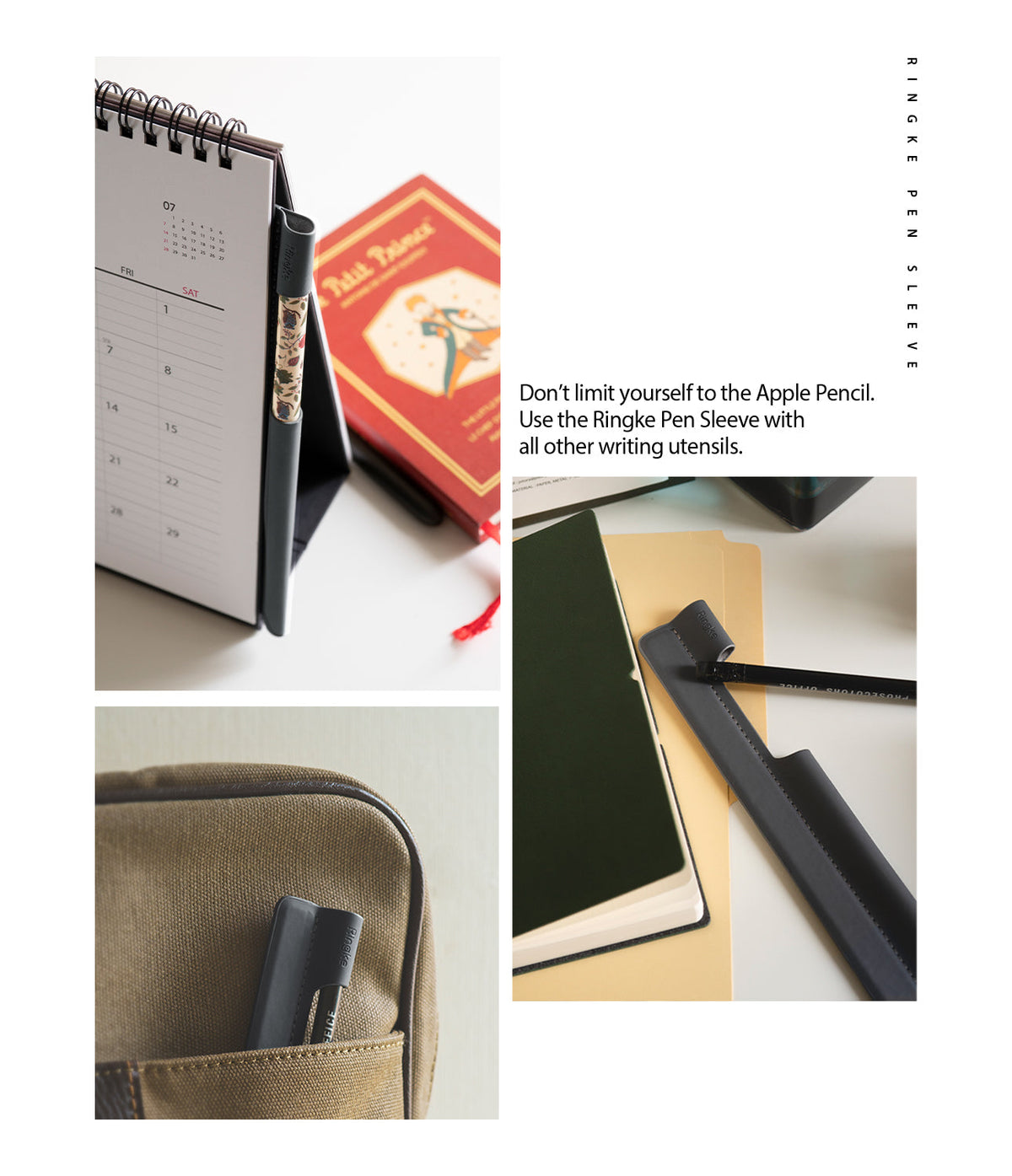 Pen Sleeve - A grey adhesive pen holder attached to a calendar, a notebook, and a fabric bag, holding various pens.