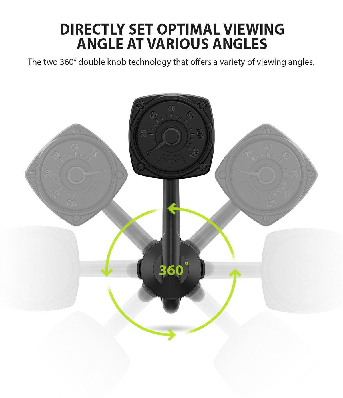 Power Clip Wing Car Mount - Black car mount with a 360-degree rotating arm shown in multiple positions with green arrows.