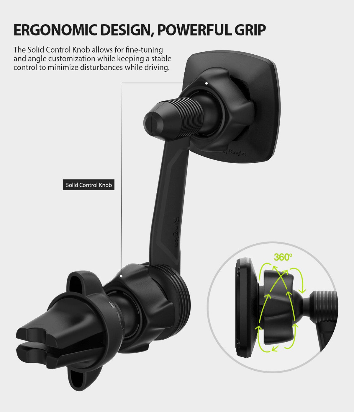 Power Clip Wing Car Mount - Black car vent mount with adjustable control knob and 360-degree rotation feature.