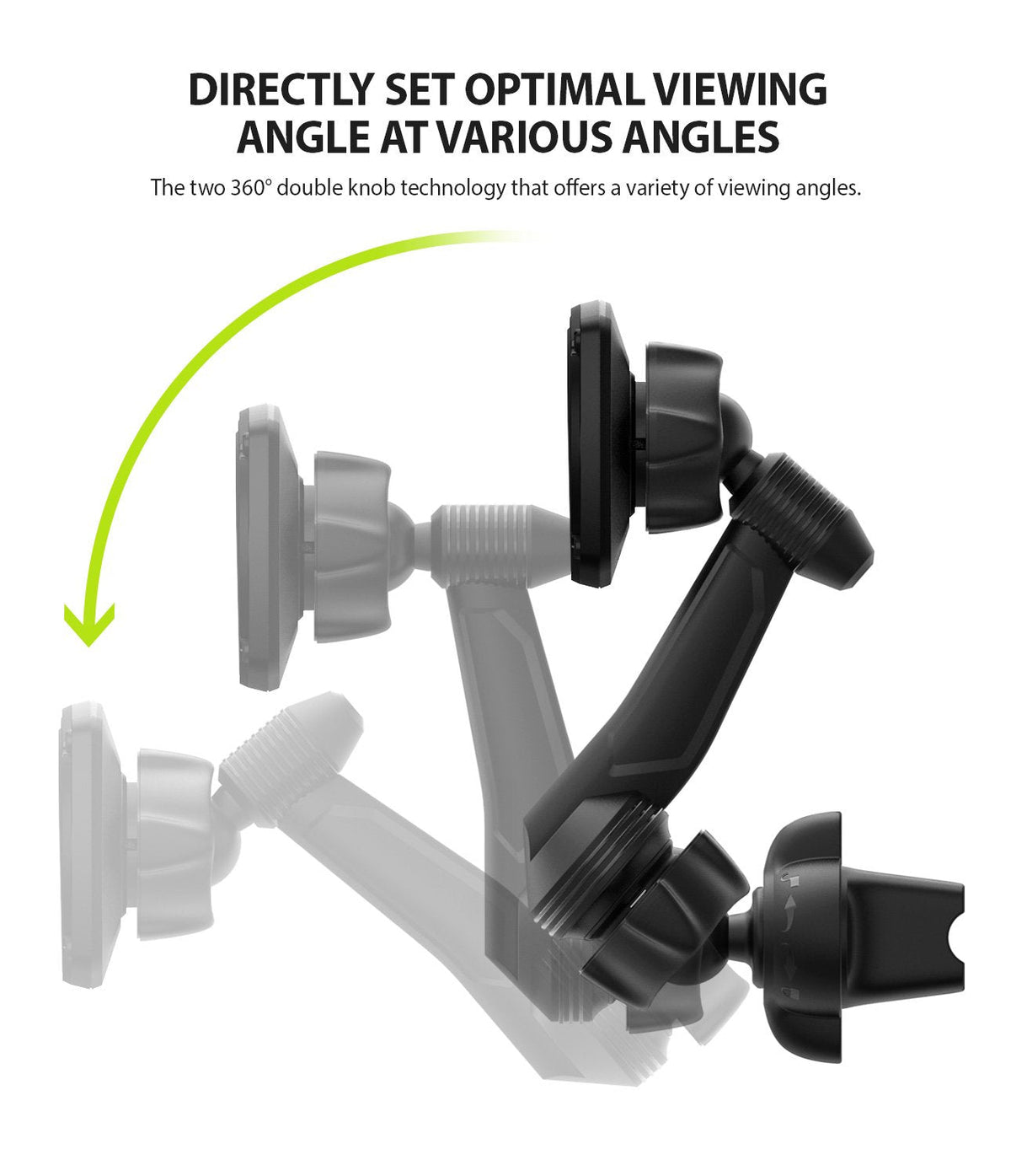 Power Clip Wing Car Mount - Black car phone mount showing 360-degree adjustable double knob joints for multiple angles.