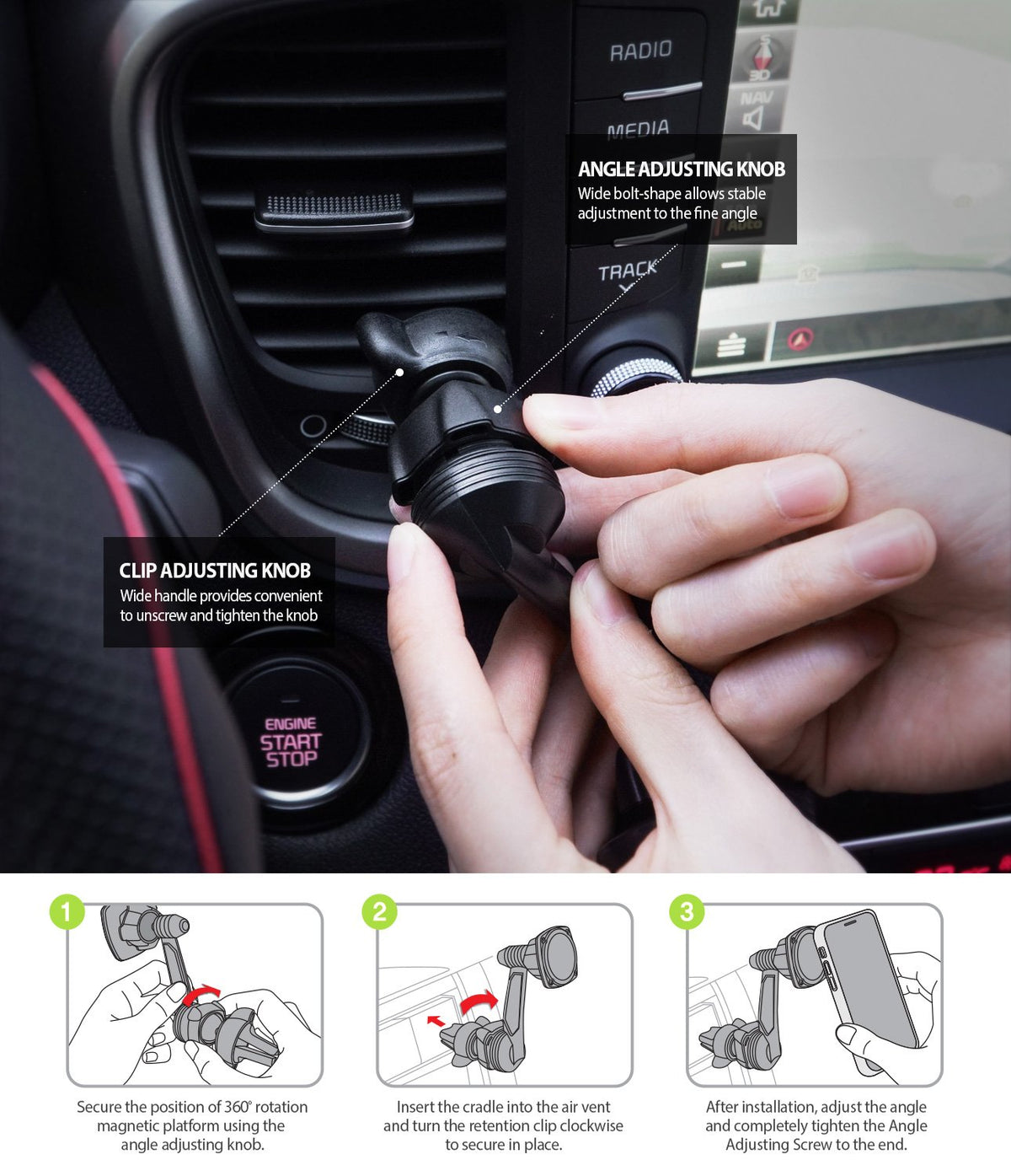 Power Clip Wing Car Mount - Hands installing a car vent mount with labeled adjustment knobs and three-step installation guide.