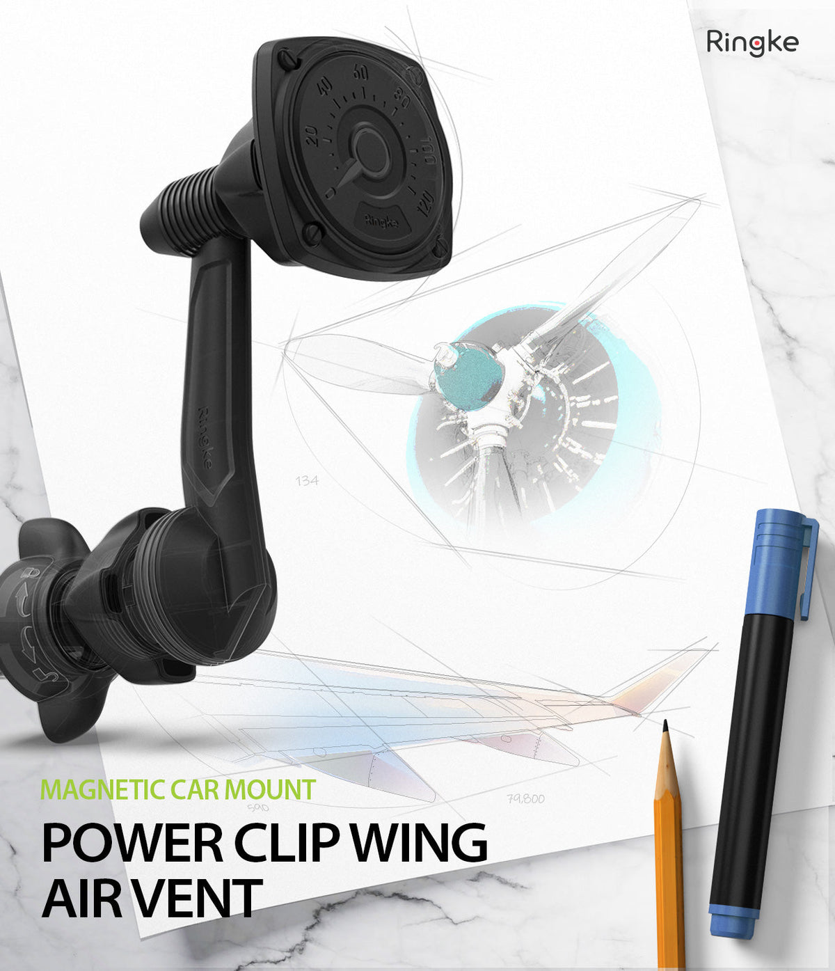Power Clip Wing Car Mount - Black magnetic air vent phone mount over a technical sketch of an airplane propeller and wing.