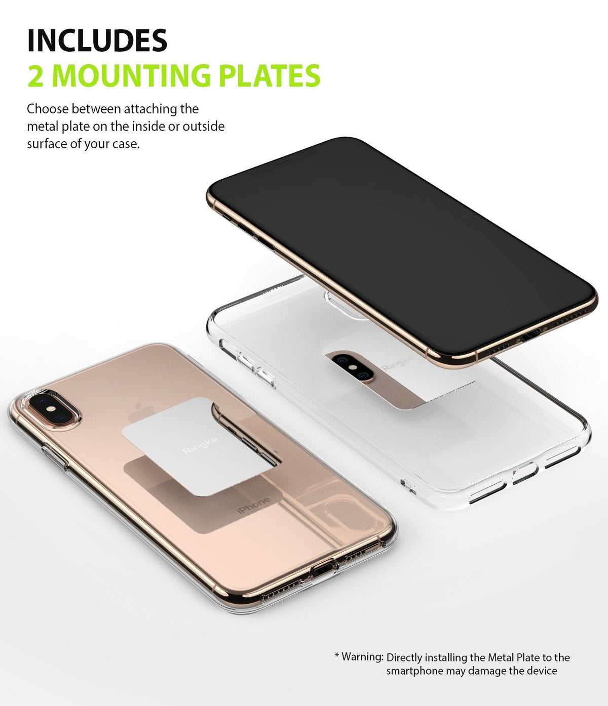 Power Clip Wing Car Mount - Two smartphones with clear cases showing metal mounting plates attached inside and outside.