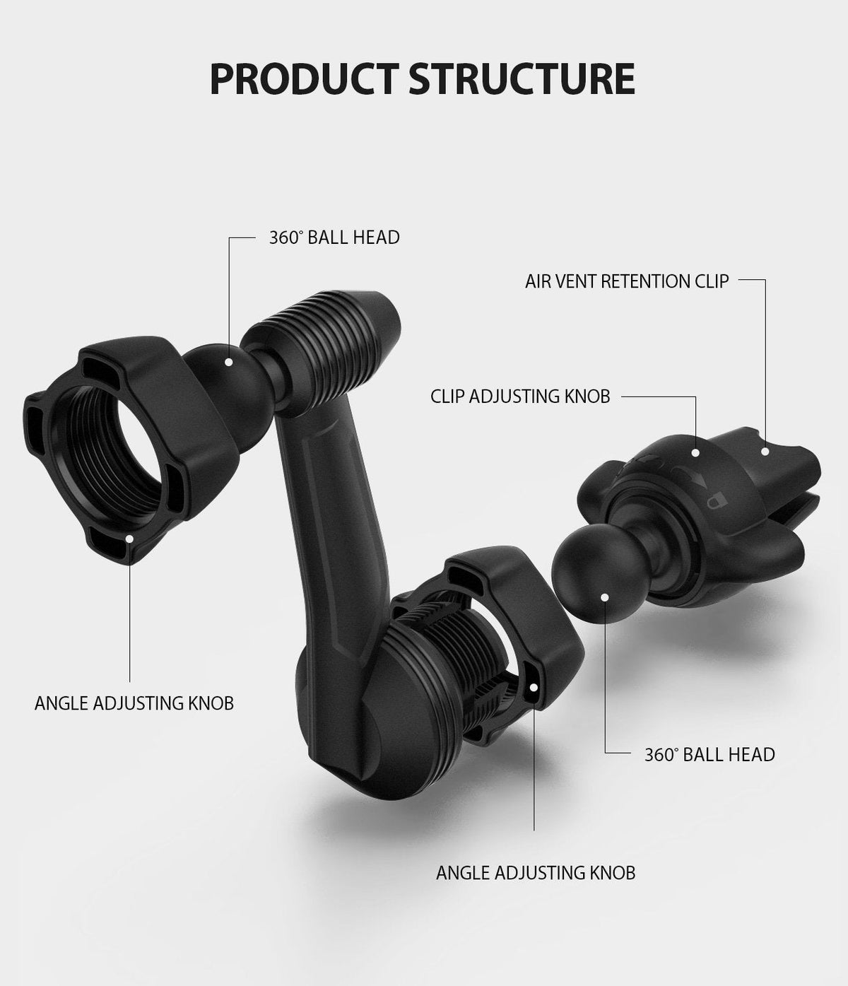 Power Clip Wing Car Mount - Diagram showing components including ball heads, adjusting knobs, and air vent retention clip.
