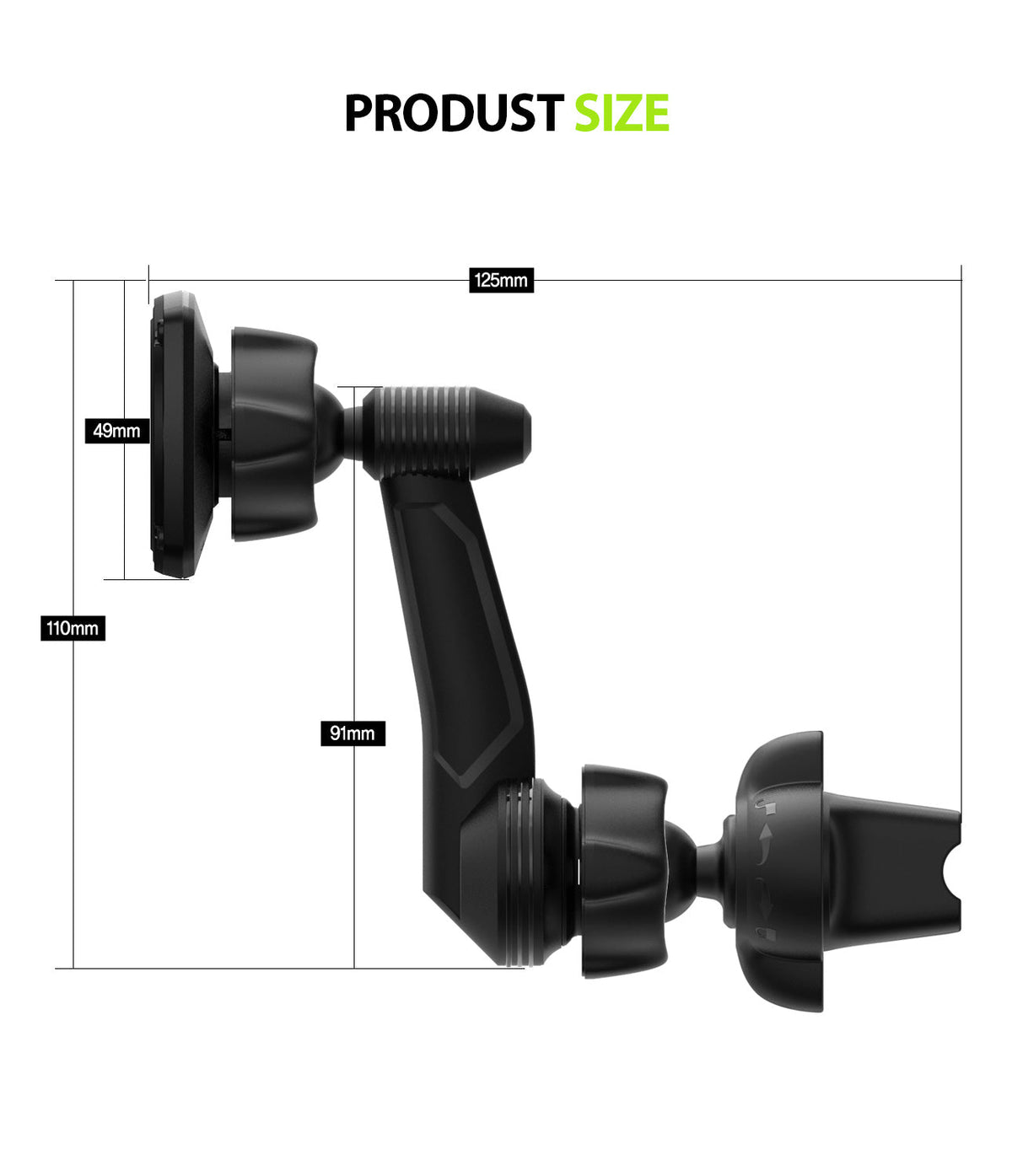 Power Clip Wing Car Mount - Side view of a black car phone mount with dimension labels indicating 125mm, 110mm, 91mm, and 49mm.