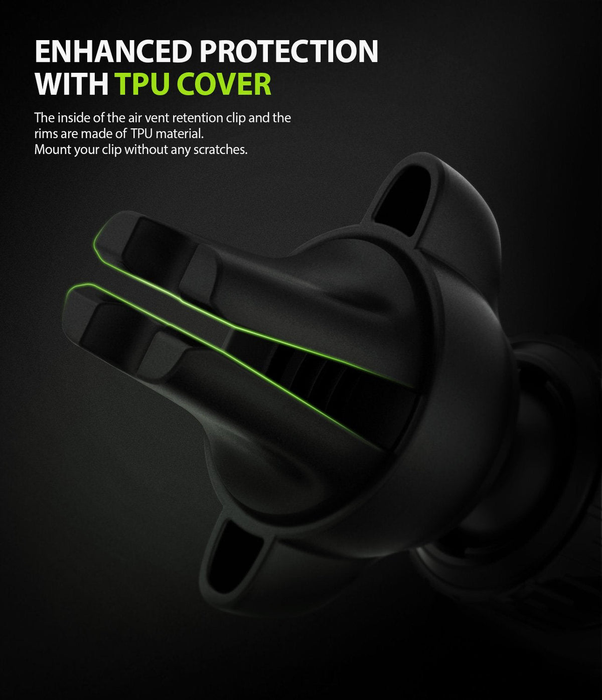 Power Clip Wing Car Mount - Close-up of a black car vent mount with green glowing highlights on its protective TPU clip.