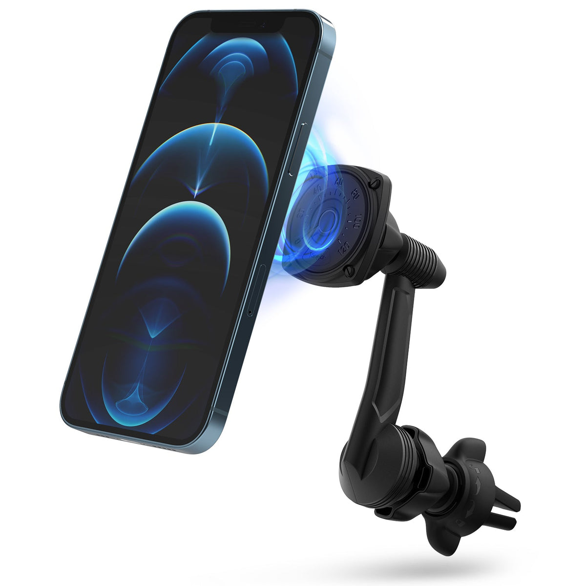 Power Clip Wing Car Mount - Smartphone magnetically attached to a black adjustable car vent mount with blue light effect.
