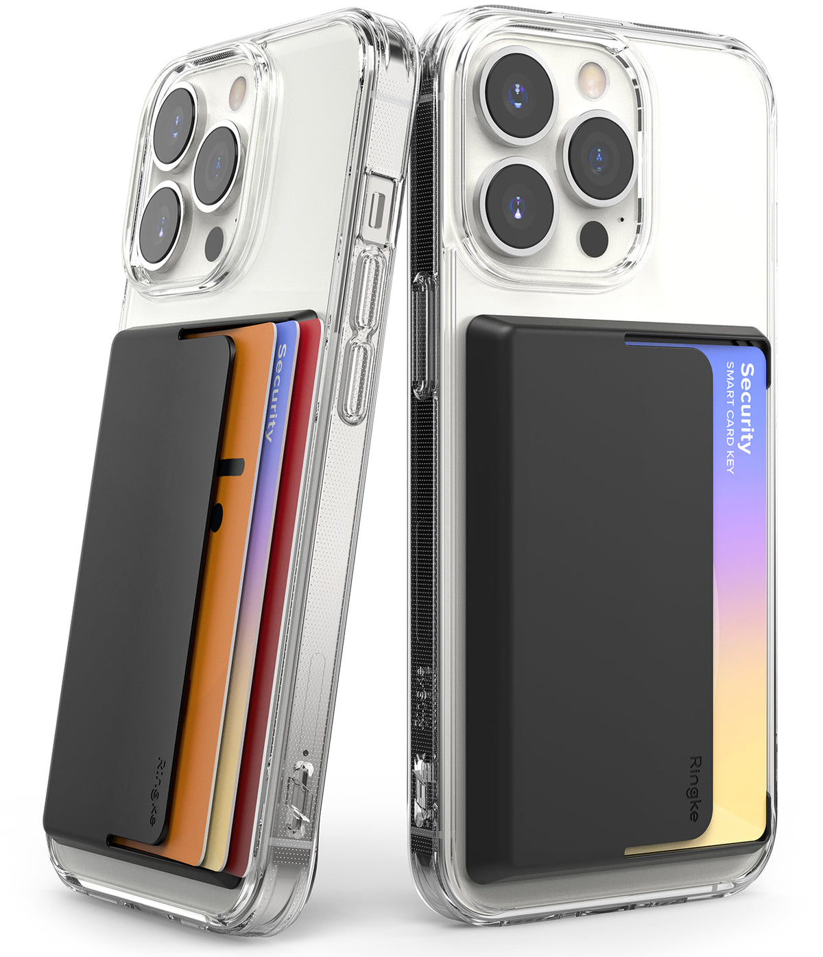 Card Holder | Side Slot - Two clear phone cases with black adhesive card holders attached, showing side and rear card access.