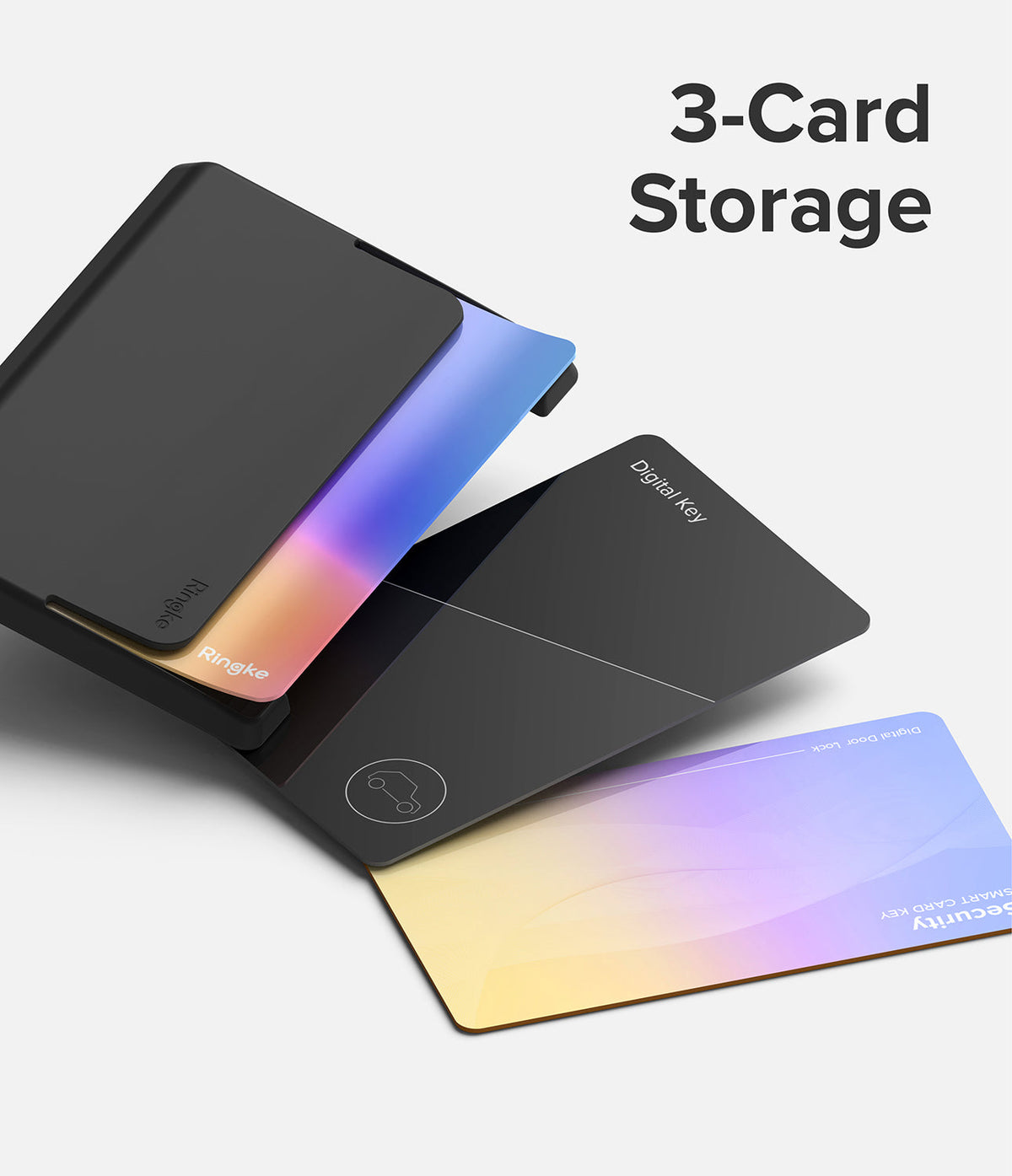Card Holder | Side Slot - Black card holder with side slot showing three cards, including digital key and security cards.