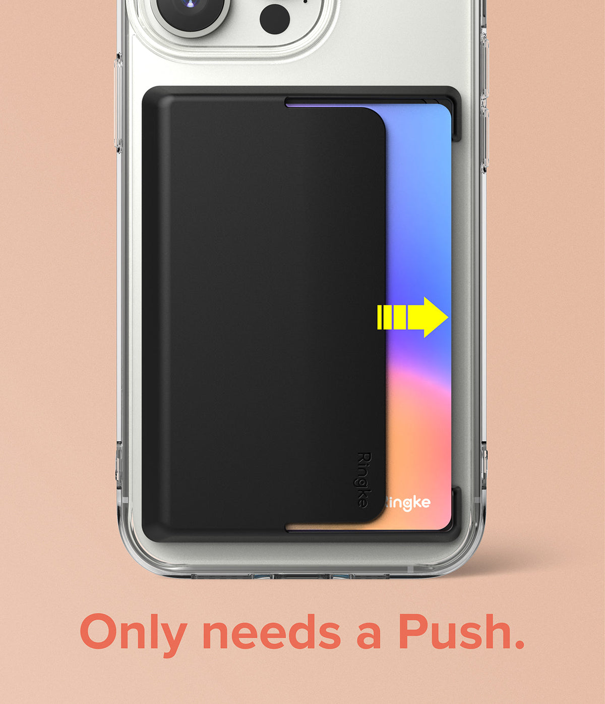 Card Holder | Side Slot - Black phone card holder with a card sliding out to the right, indicated by a yellow arrow.
