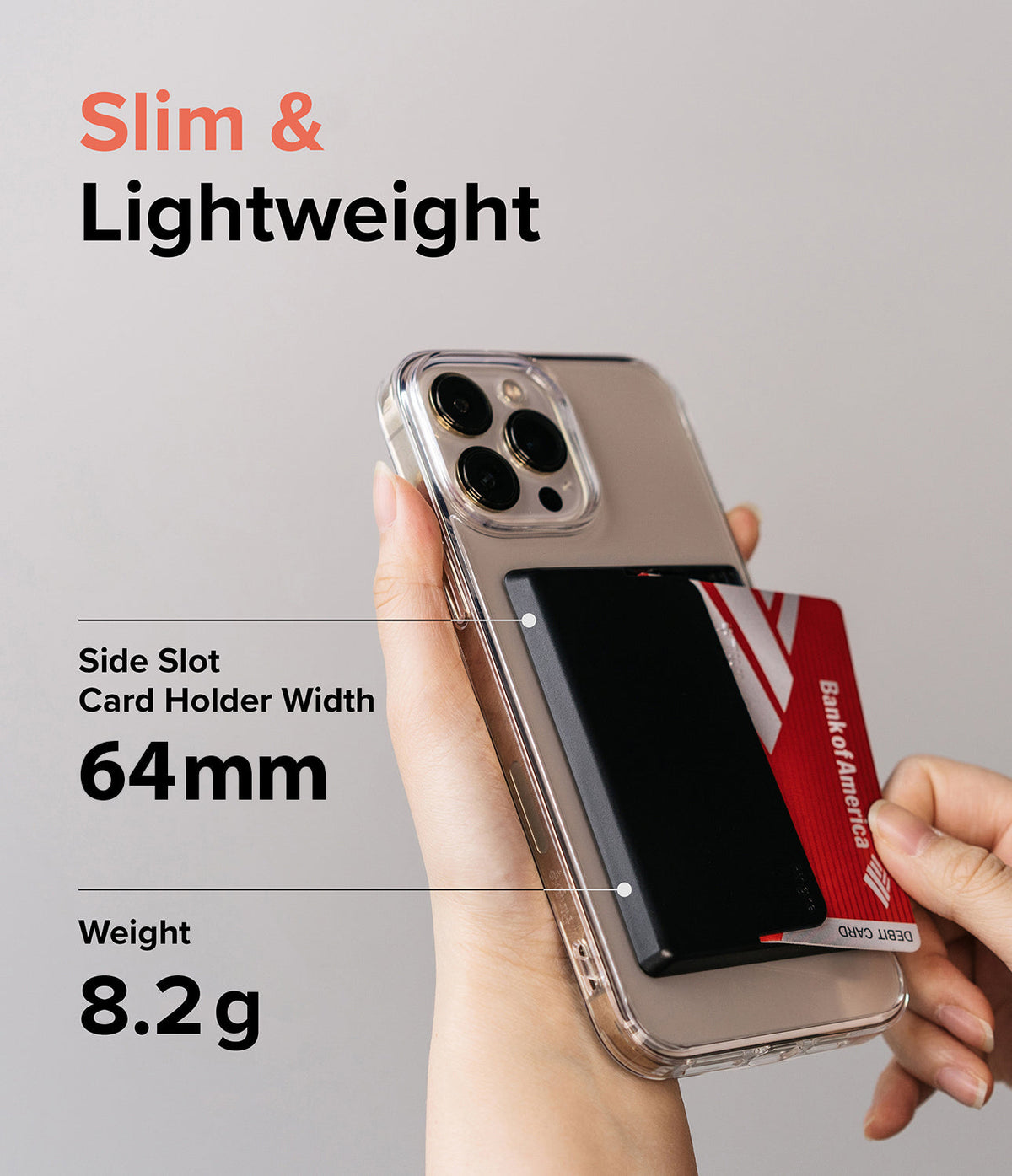 Card Holder | Side Slot - Hand holding a phone with a black side-slot card holder, showing 64mm width and 8.2g weight.