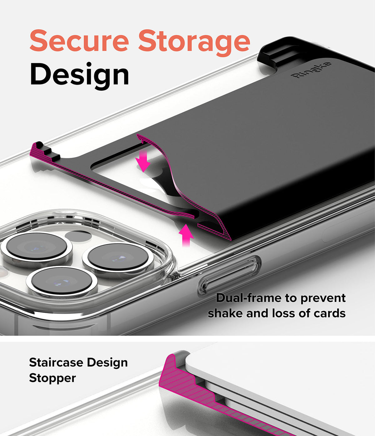 Card Holder | Side Slot - Black card holder on a clear phone case with a dual-frame design and staircase stopper for security.