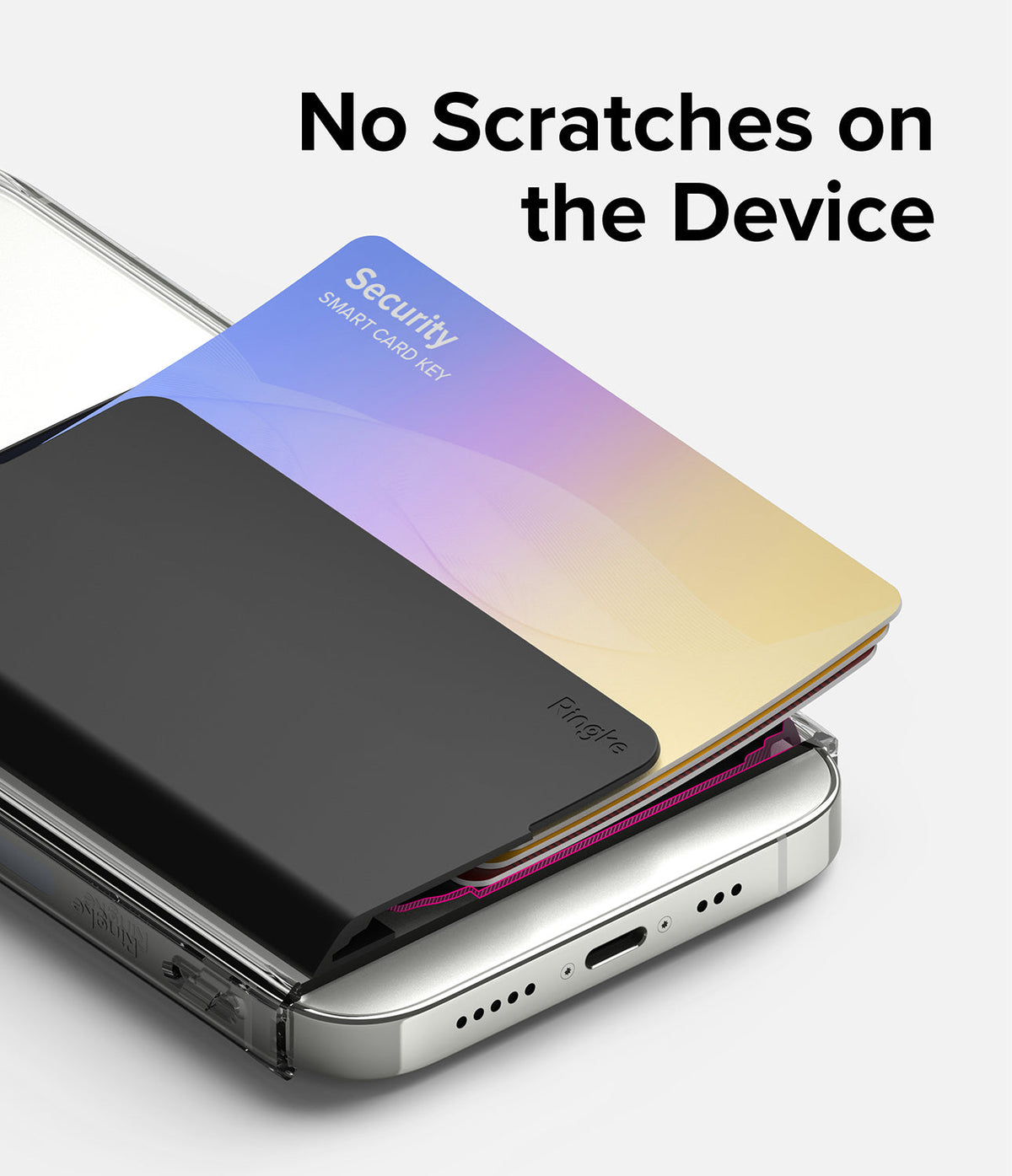 Card Holder | Side Slot - A black Ringke card holder attached to a smartphone, holding a security card to prevent device scratches.