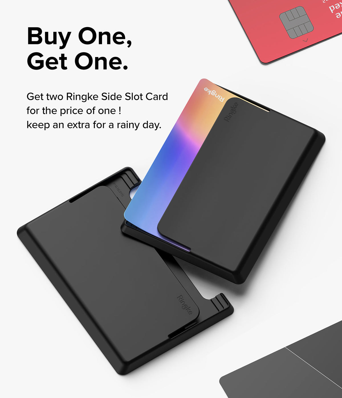 Card Holder | Side Slot - Two black Ringke adhesive card holders, one holding a colorful card, on a white background.