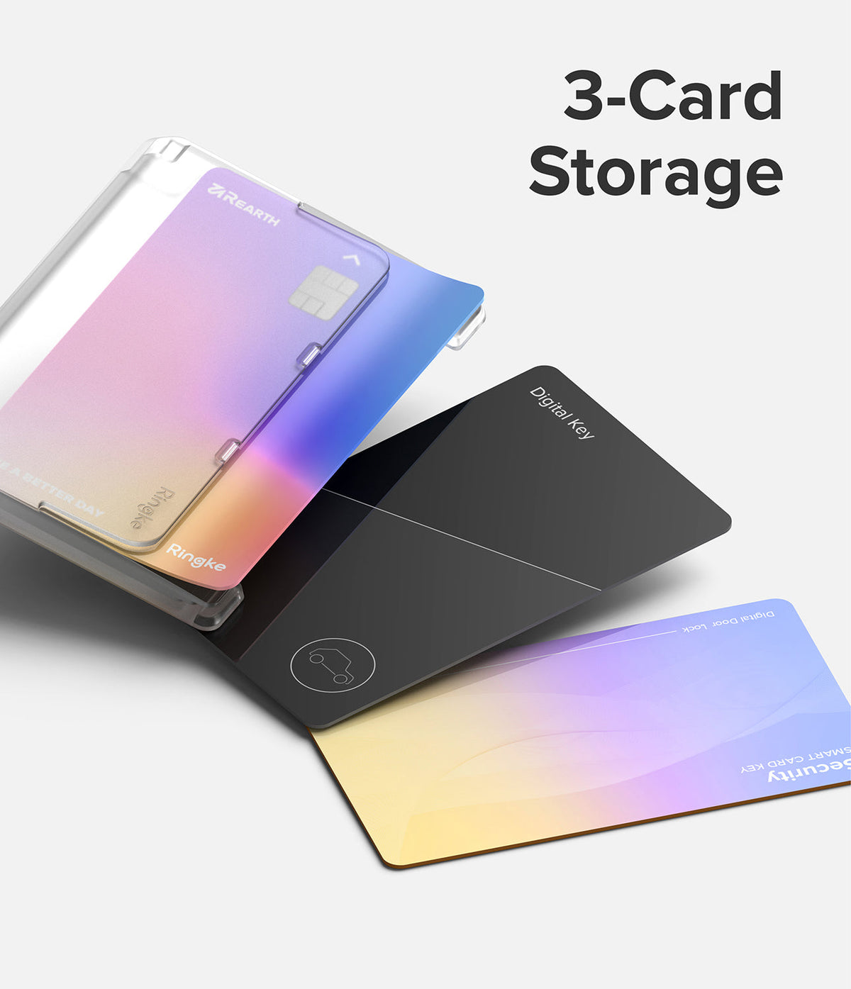 Card Holder | Side Slot - Clear card holder displaying three cards, including a gradient card and a black digital key card.
