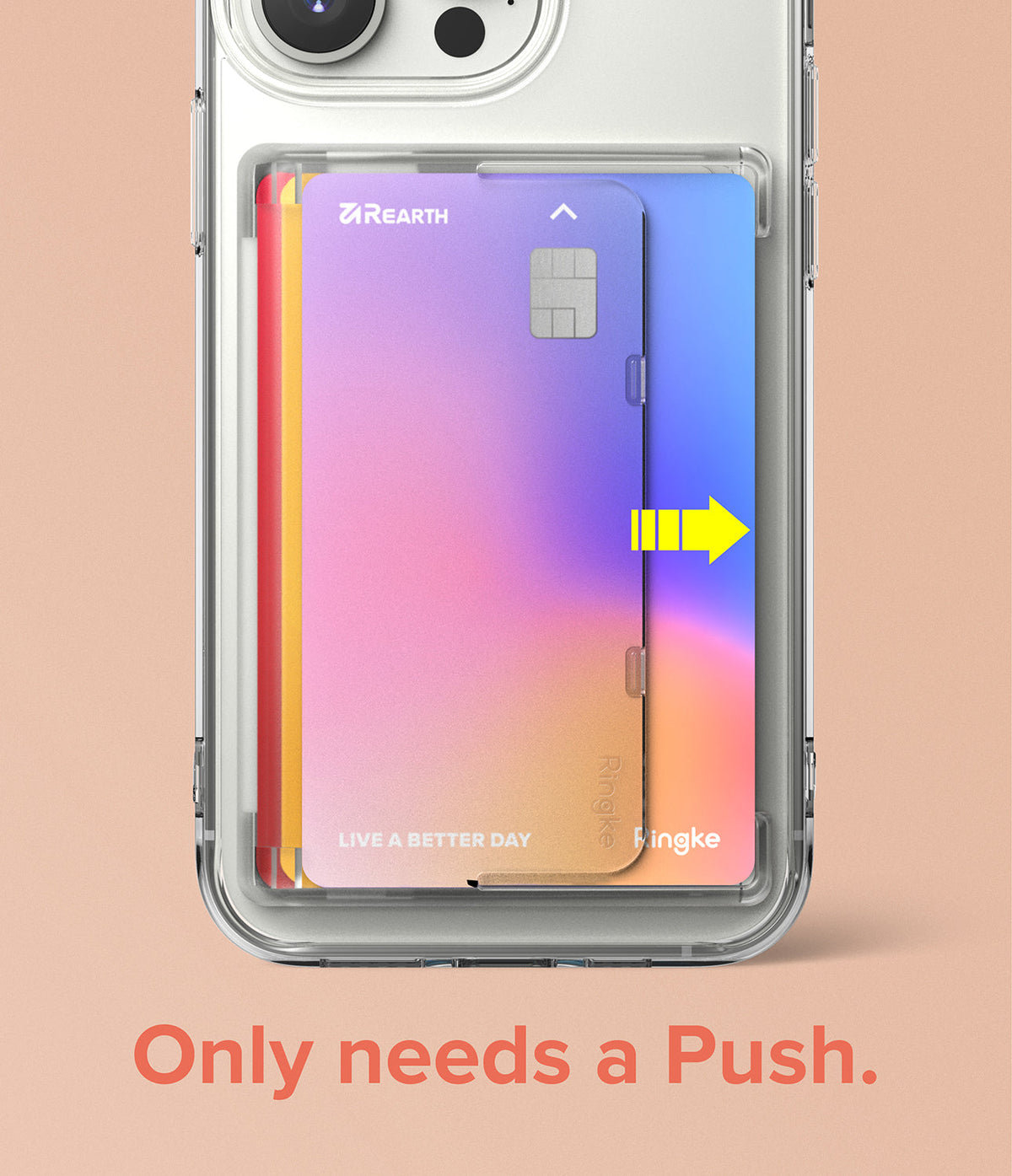 Card Holder | Side Slot - A clear phone case with a side-loading card slot showing a gradient card being pushed out by an arrow.
