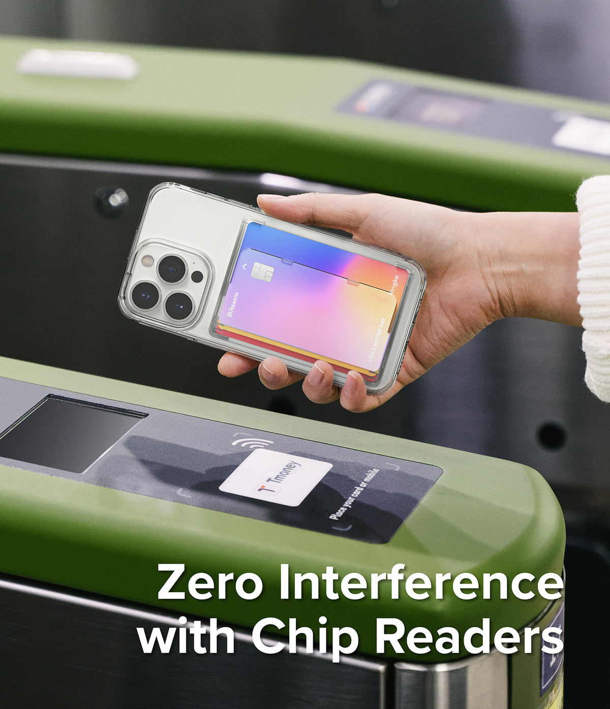 Card Holder | Side Slot - Hand holding a phone with a card holder over a subway turnstile contactless payment reader.