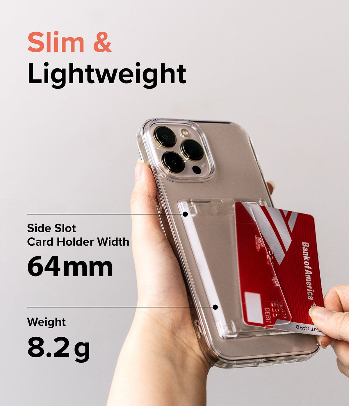 Card Holder | Side Slot - Hand holding a phone with a clear card holder attached, showing a 64mm width and 8.2g weight.