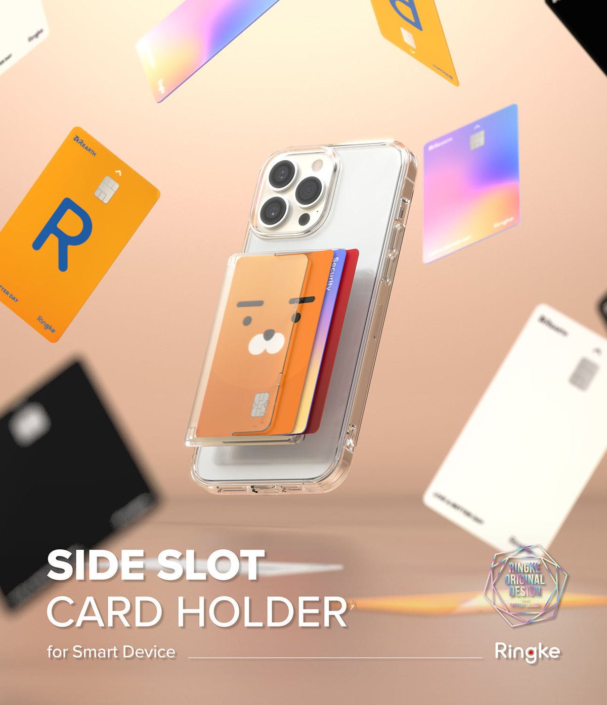 Card Holder | Side Slot - Clear phone case with a character-themed side card holder, surrounded by floating credit cards.