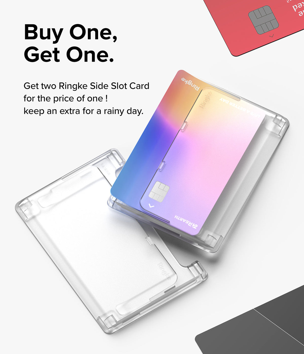 Card Holder | Side Slot - Two clear Ringke card holders, one containing a gradient-colored credit card, on a white background.