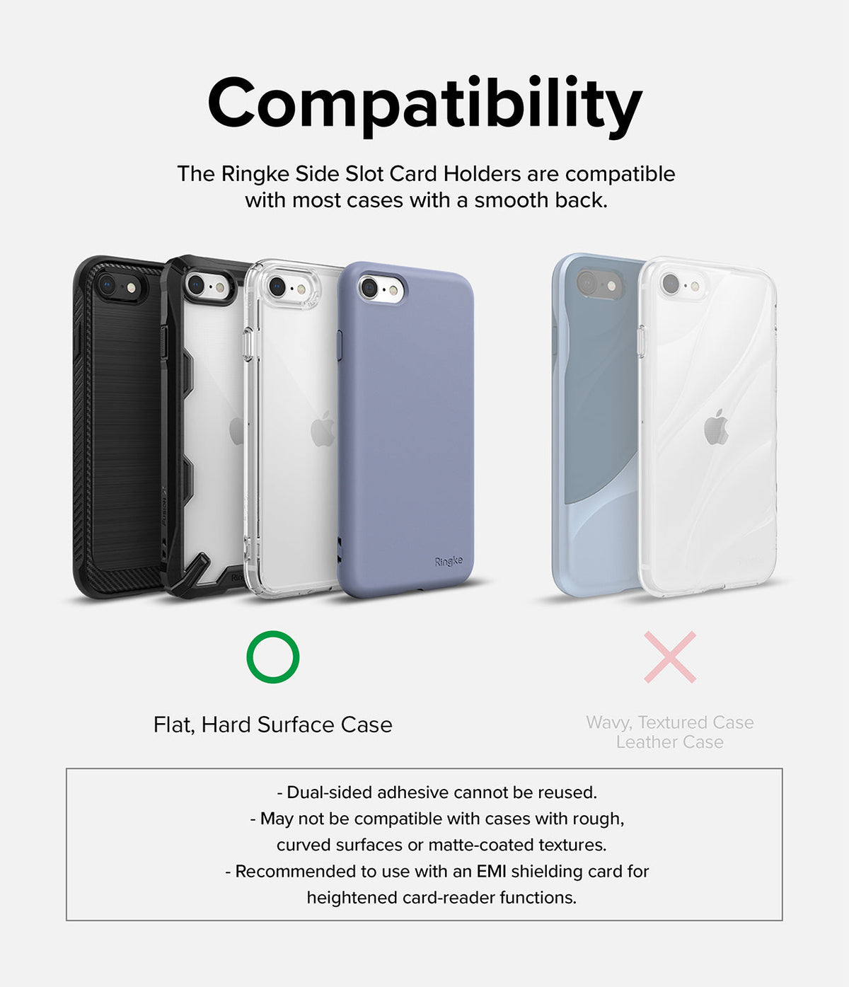 Card Holder | Side Slot - Compatibility chart showing flat phone cases as compatible and wavy or textured cases as incompatible.