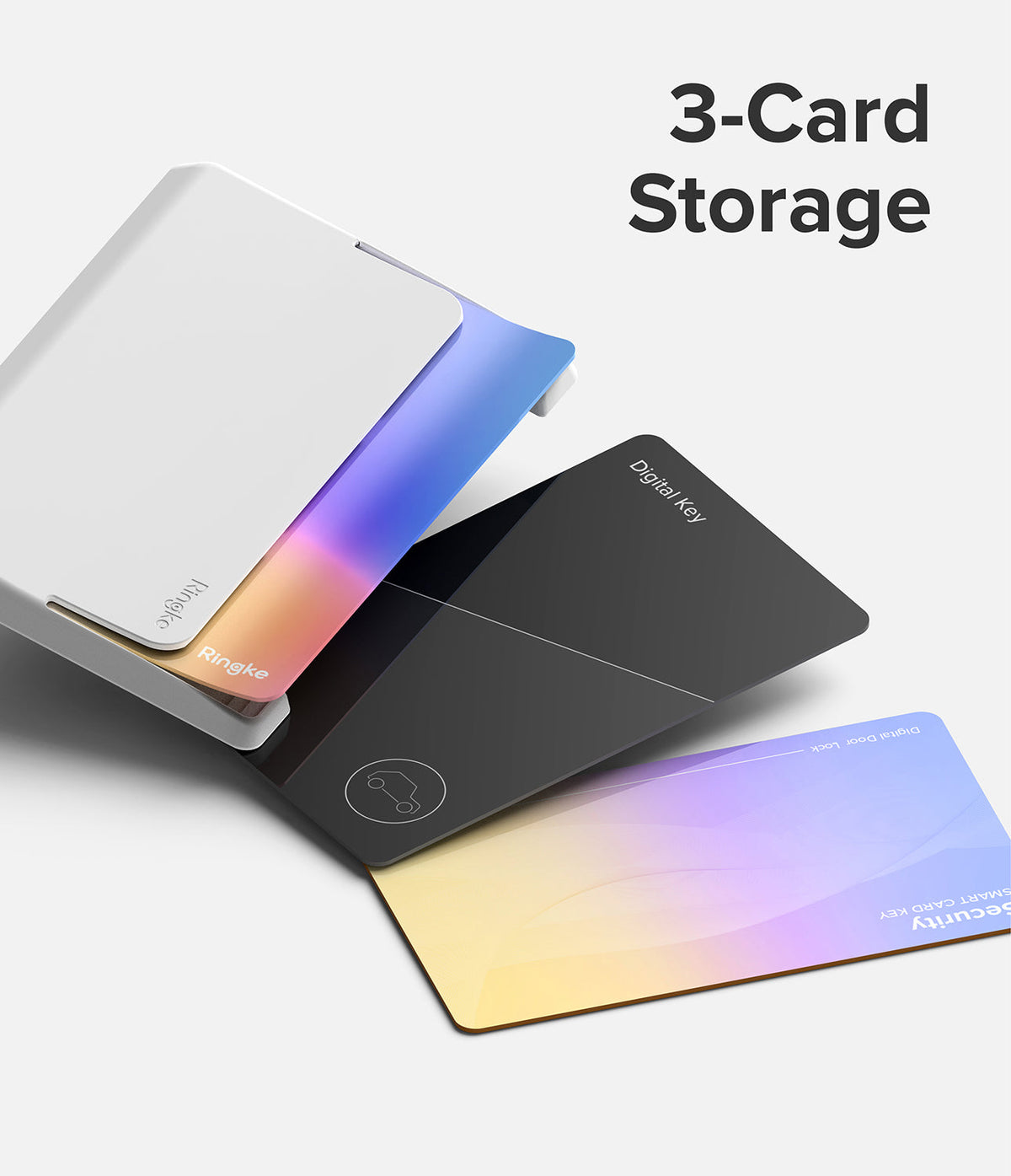 Card Holder | Side Slot - White Ringke card holder displaying three cards, including a black digital key and a gradient security card.