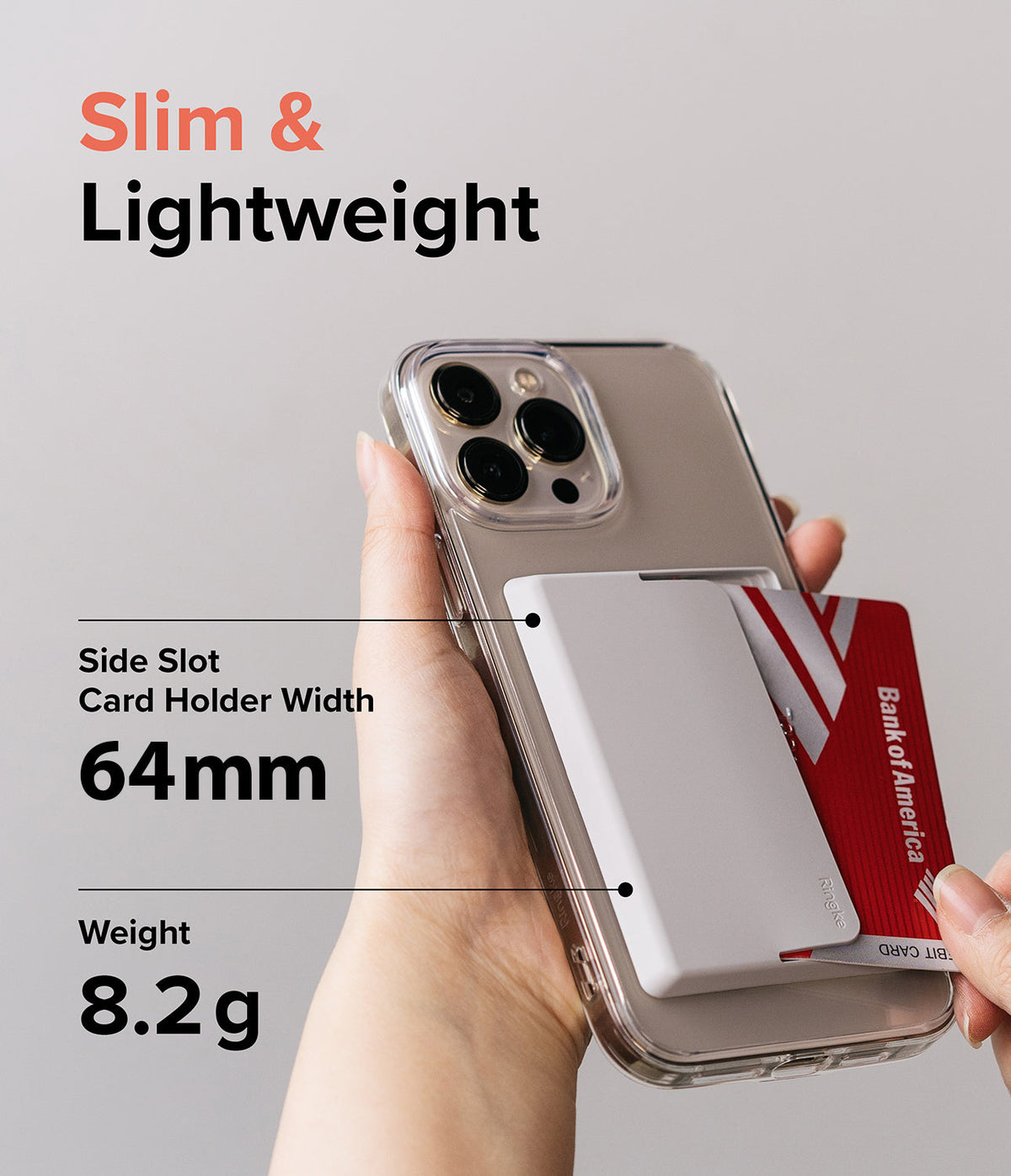 Card Holder | Side Slot - Hand holding a phone with a white side-slot card holder, showing 64mm width and 8.2g weight specs.