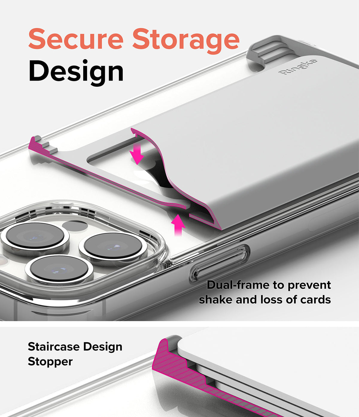 Card Holder | Side Slot - Phone case with a secure dual-frame card holder featuring a staircase design stopper to prevent loss.