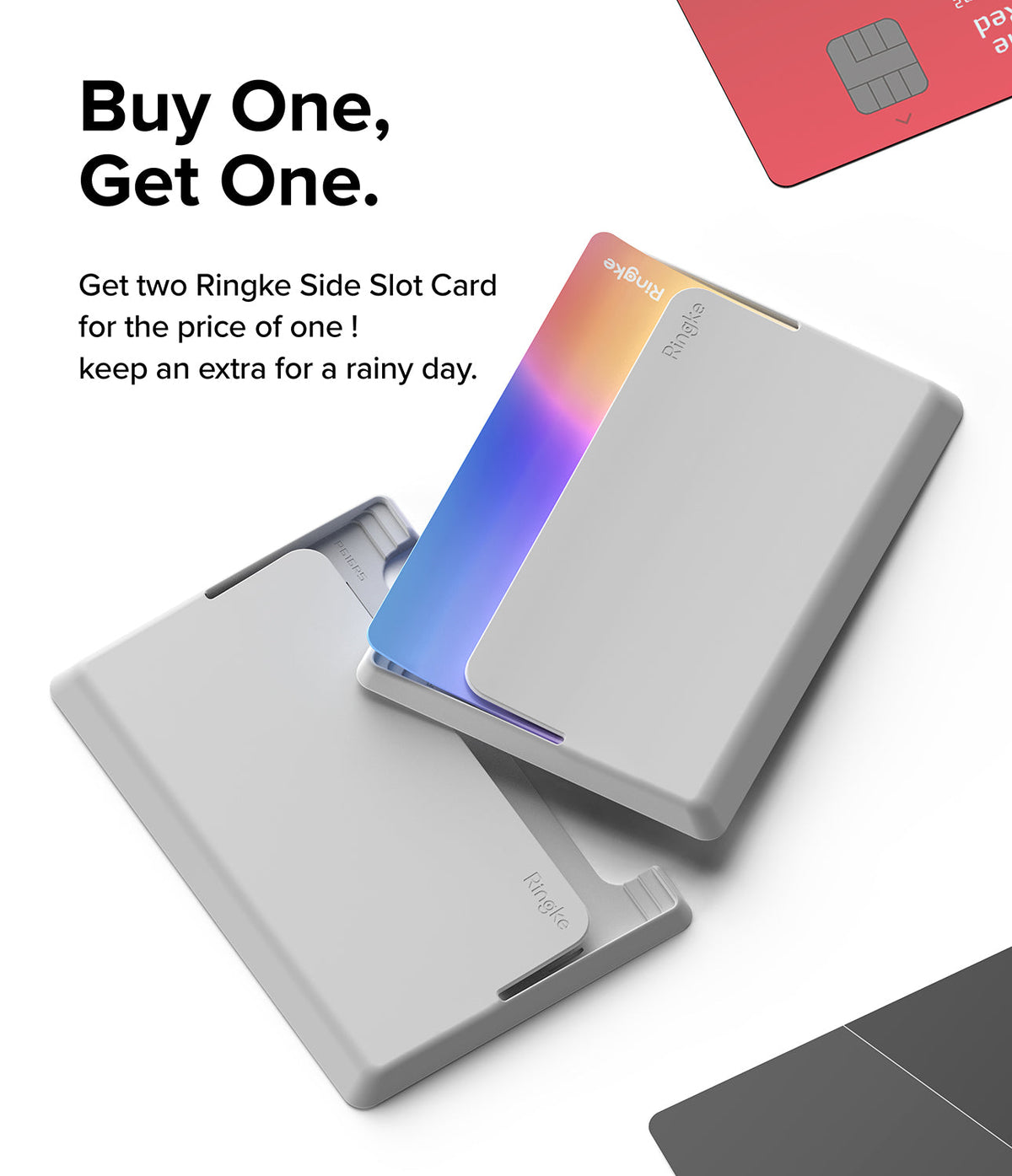 Card Holder | Side Slot - Two grey Ringke card holders with a colorful gradient card, promoting a buy-one-get-one offer.
