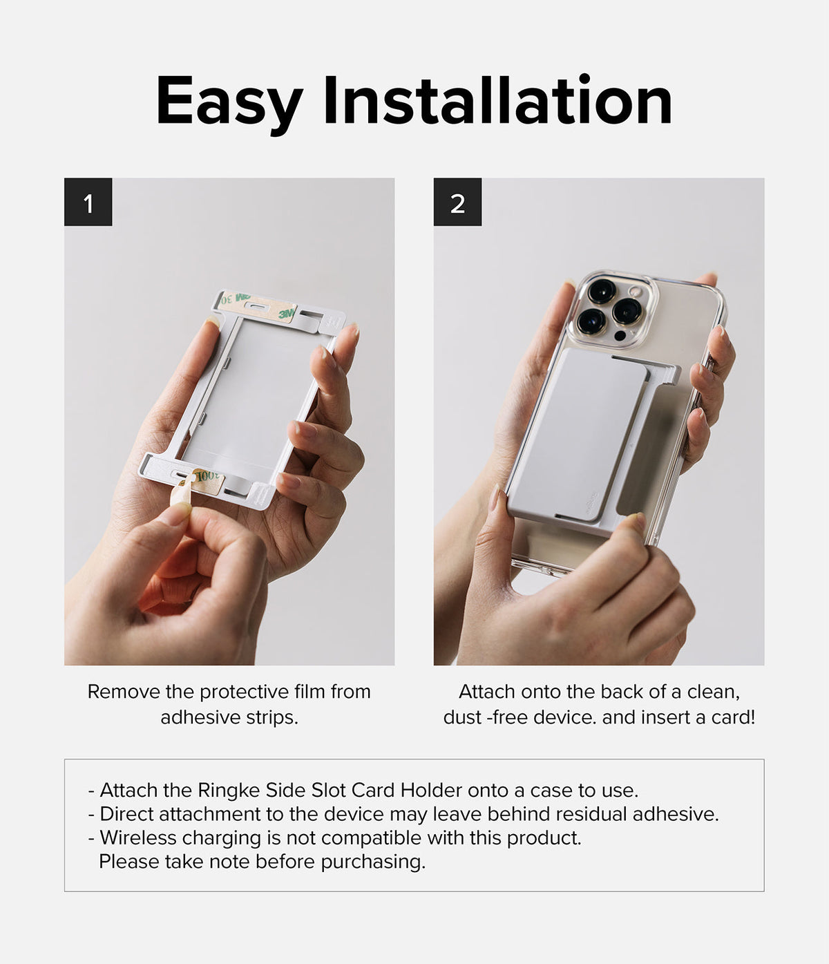 Card Holder | Side Slot - Two-step installation guide showing adhesive film removal and attachment to the back of a smartphone.