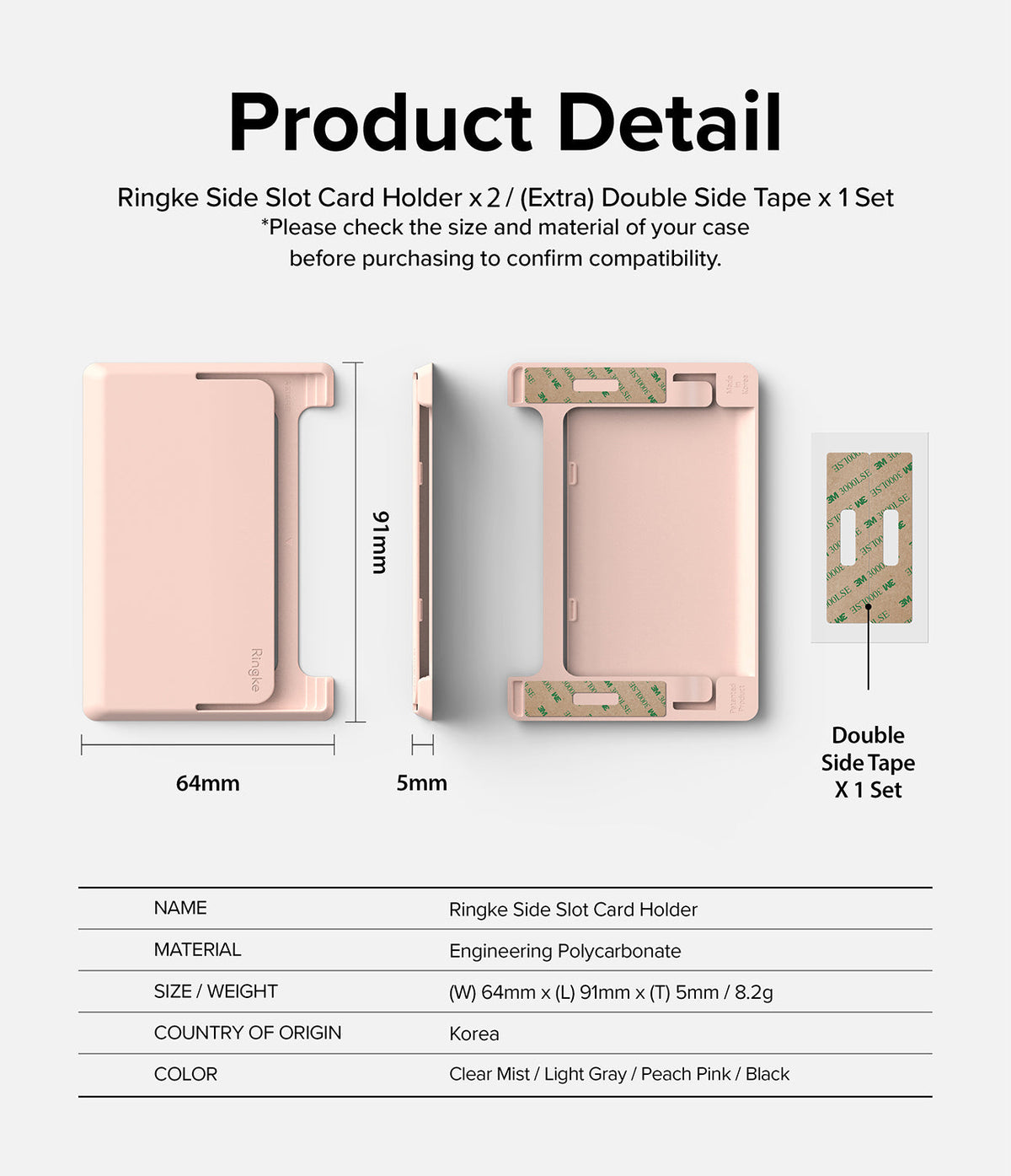 Card Holder | Side Slot - Technical diagram of a pink card holder showing dimensions, side profile, and adhesive tape.
