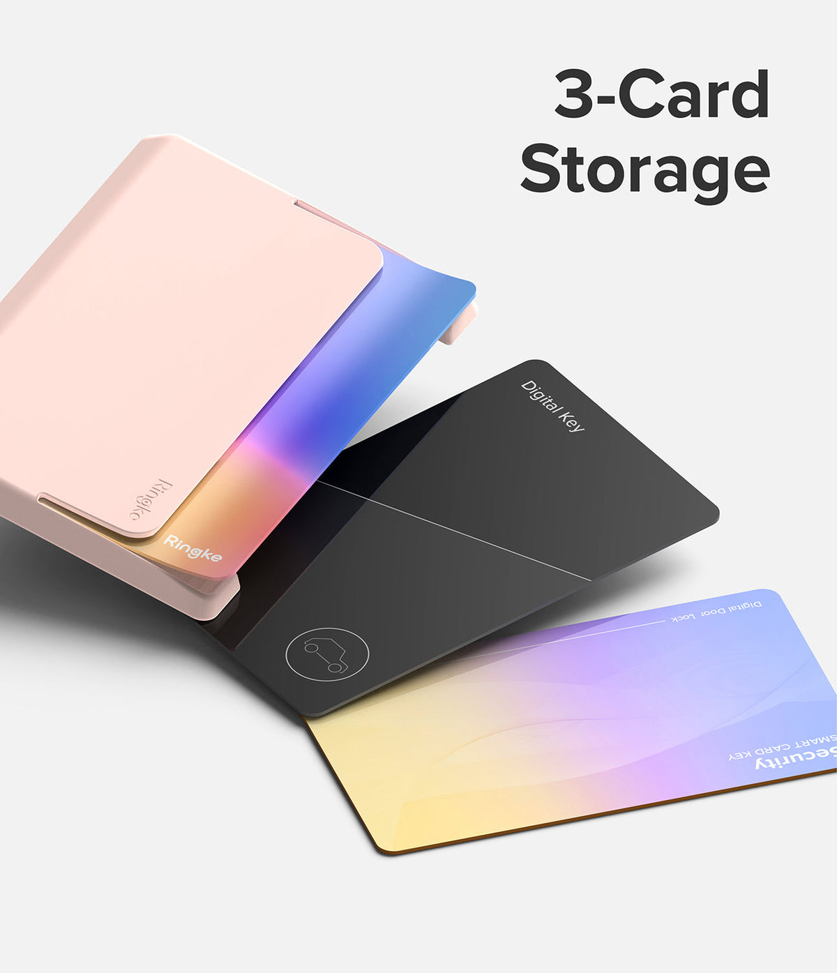 Card Holder | Side Slot - A light pink card holder displaying three cards, including a black digital key and a gradient smart card.