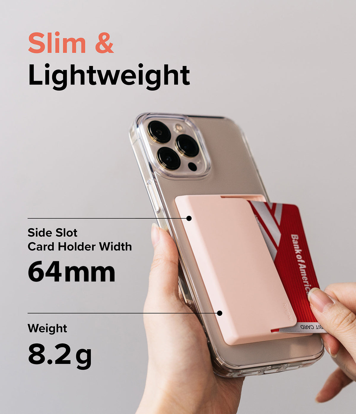 Card Holder | Side Slot - Hand holding a phone with a slim pink card holder attached, showing a credit card sliding into the side.
