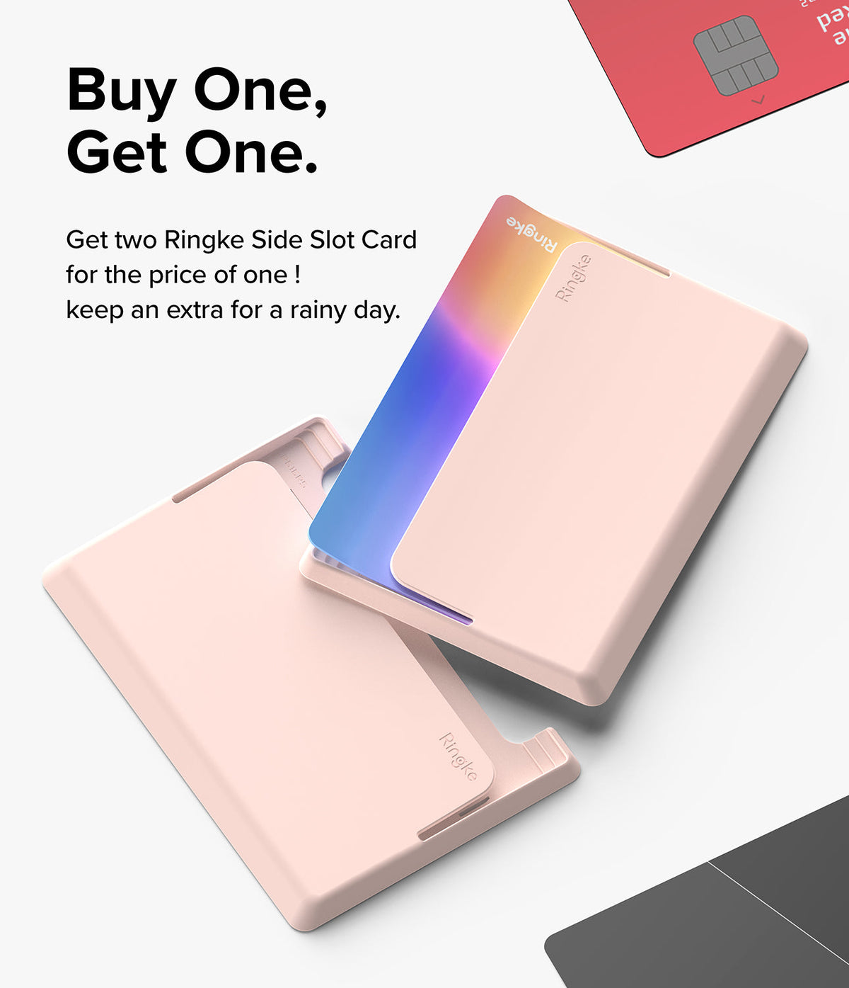 Card Holder | Side Slot - Two light pink adhesive card holders, one holding a colorful card, with Buy One Get One text overlay.