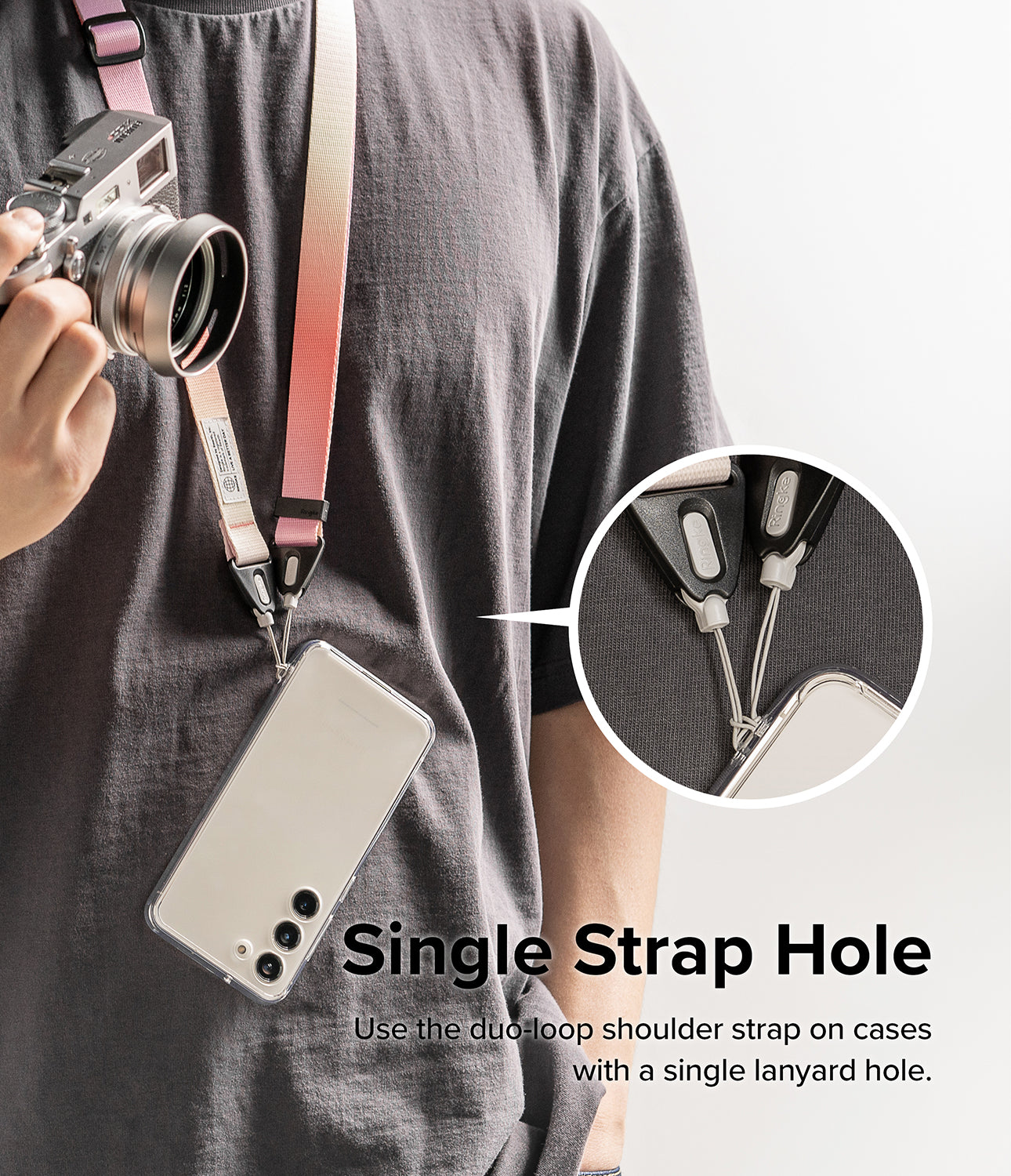 Design Shoulder Strap - Person wearing a pink gradient strap attached to a phone case via a single lanyard hole.