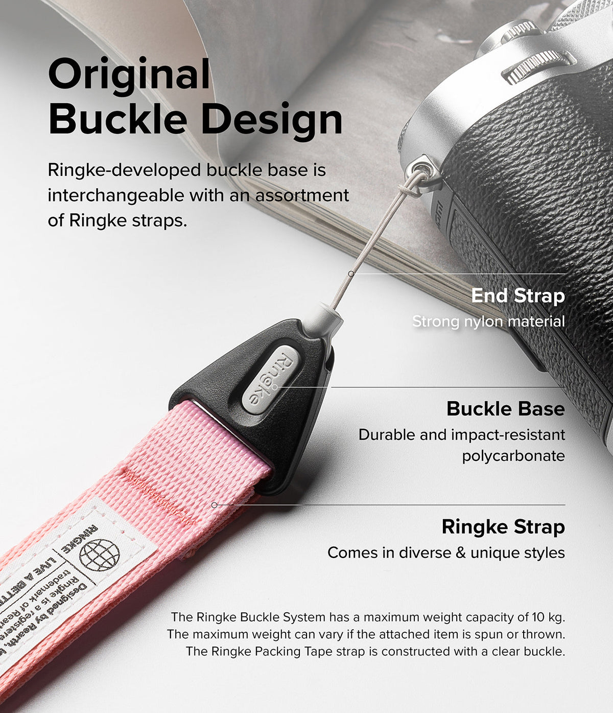 Design Shoulder Strap - Close-up of a pink camera strap connected to a camera via a durable Ringke buckle base and nylon cord.