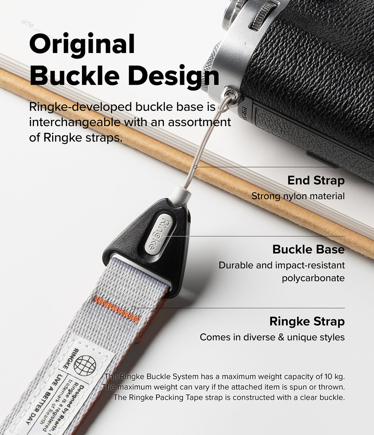 Design Shoulder Strap - Diagram showing a Ringke strap with a nylon end, polycarbonate buckle base, and durable fabric.
