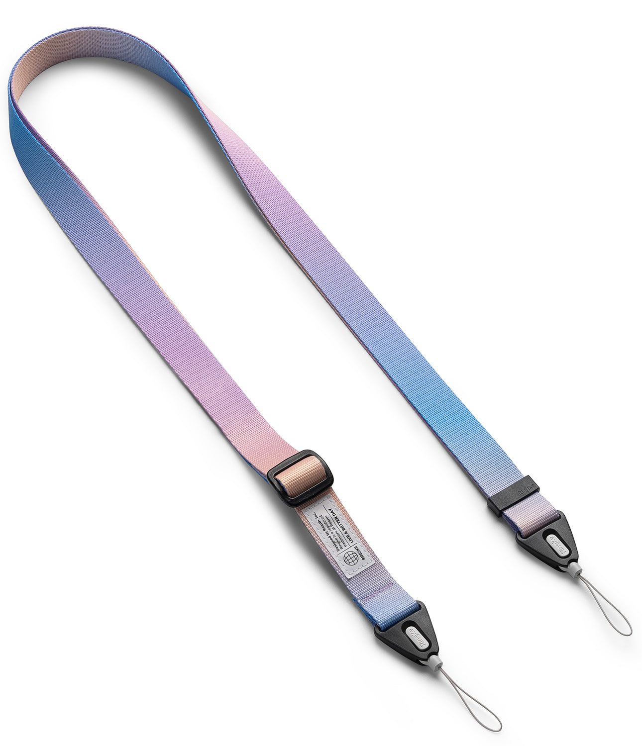 Design Shoulder Strap - Adjustable nylon strap with a pink and blue gradient, black hardware, and two loop connectors.