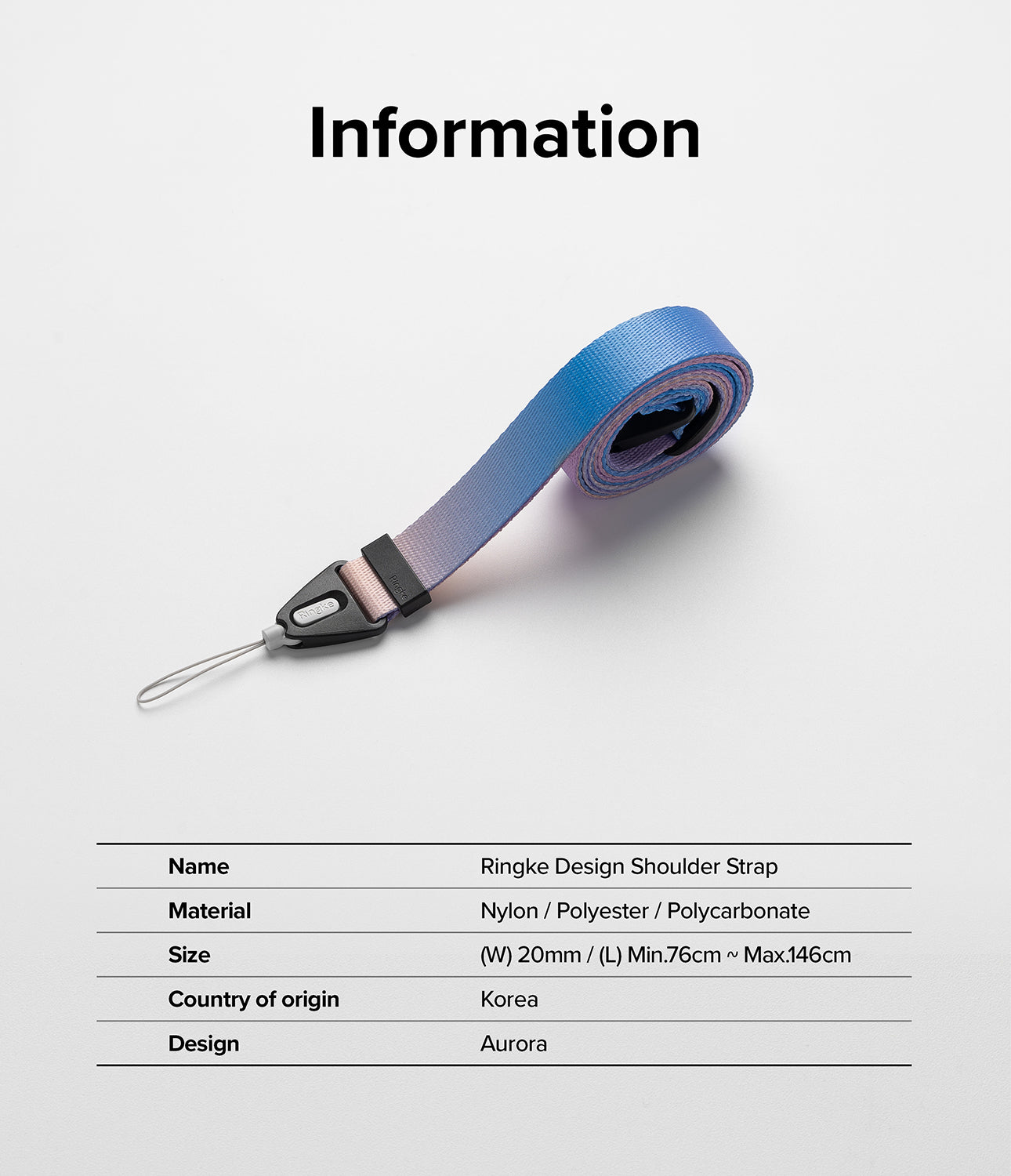 Design Shoulder Strap - A coiled blue-to-pink gradient nylon strap with a black connector and loop on a white background.