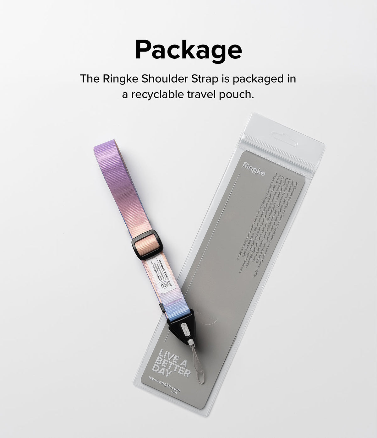 Design Shoulder Strap - A pastel gradient shoulder strap resting on its clear, recyclable retail packaging pouch.