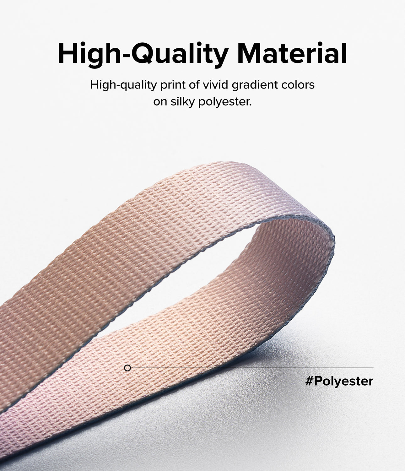 Design Shoulder Strap - Close-up of a silky, pink-gradient polyester strap with a label pointing to the fabric texture.