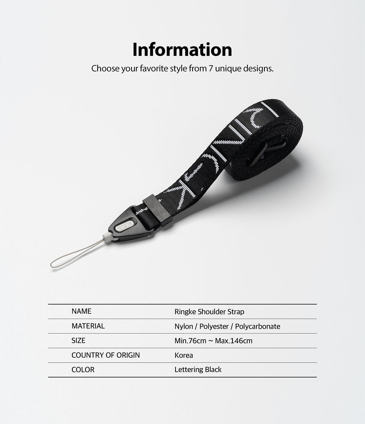 Design Shoulder Strap - Black nylon strap with white lettering, plastic buckle, and loop connector with product specifications.