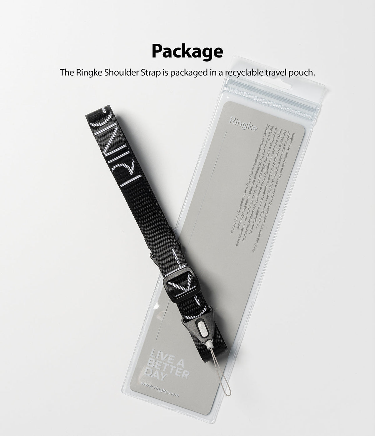 Design Shoulder Strap - Black Ringke shoulder strap with adjustable buckle resting on its branded recyclable travel pouch.