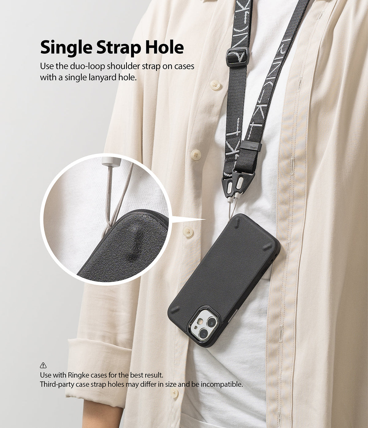 Design Shoulder Strap - A black phone case hanging from a patterned shoulder strap, with a close-up showing a single lanyard hole.