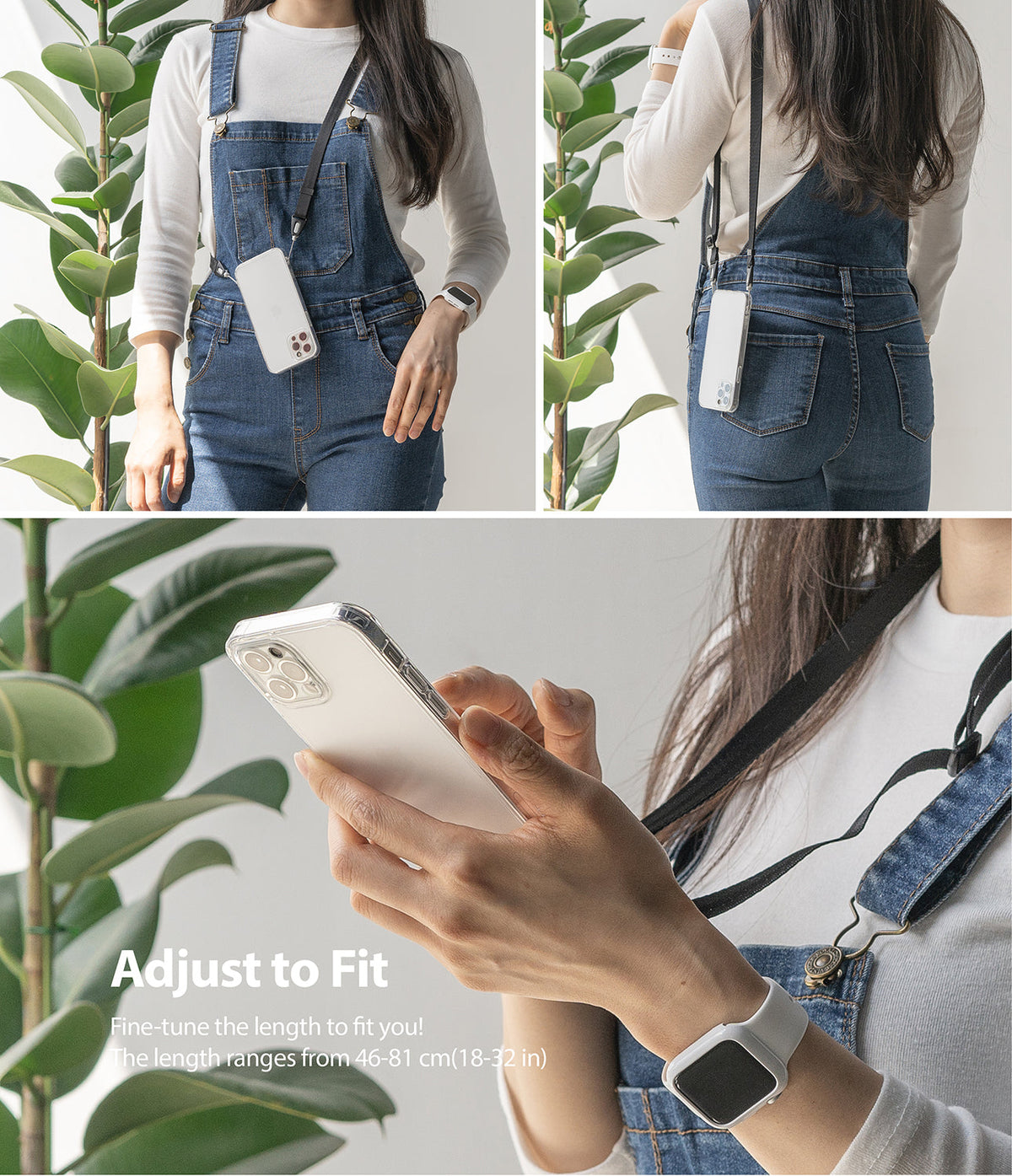 Shoulder Strap | Black / Neon Orange - Person wearing a phone on an adjustable black crossbody strap over denim overalls.