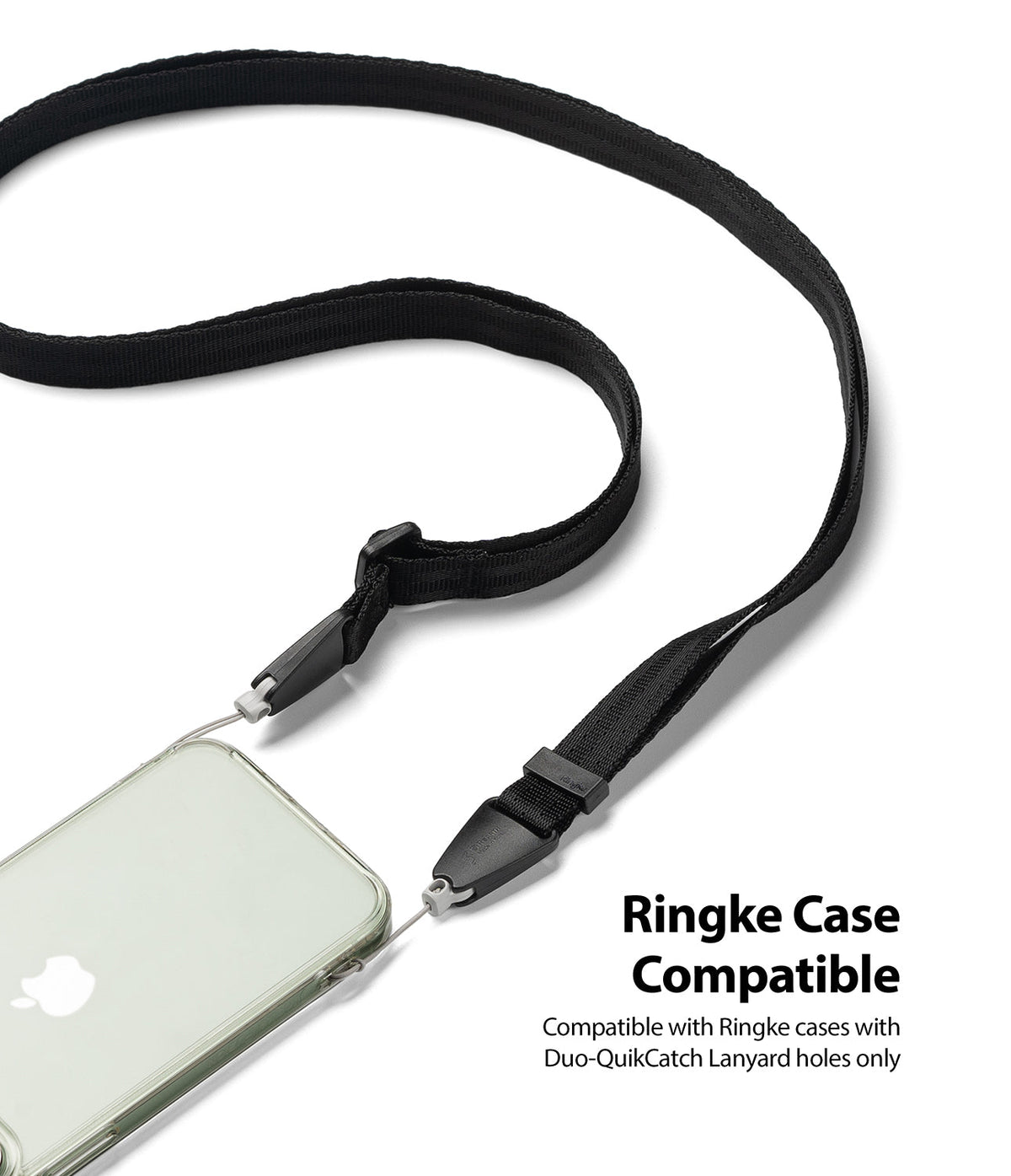 Shoulder Strap | Black / Neon Orange - Black adjustable shoulder strap attached to a clear phone case via QuikCatch loops.