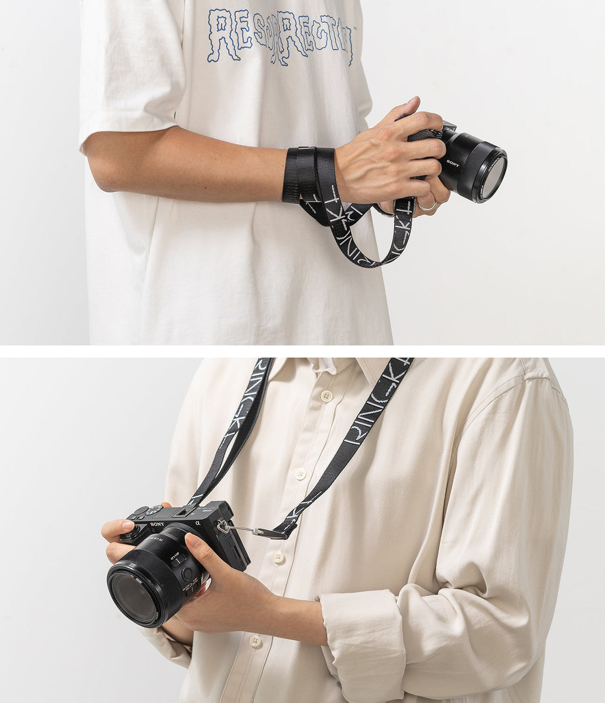 Shoulder Strap | Lettering - Person wearing a black camera strap with white Ringke branding around their wrist and neck.