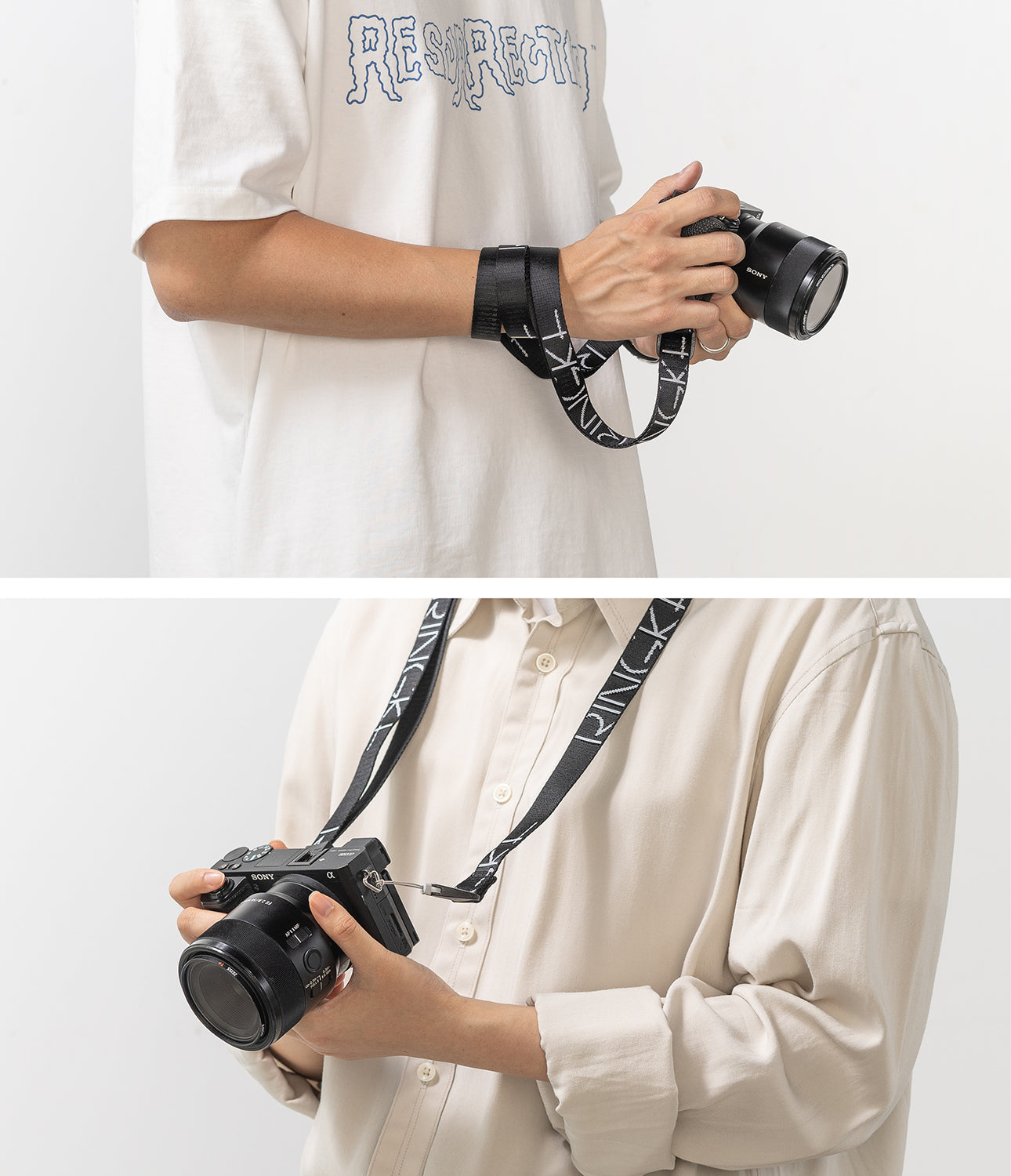 Design Shoulder Strap - A black camera strap with white logo text worn around the wrist and neck with a Sony camera.