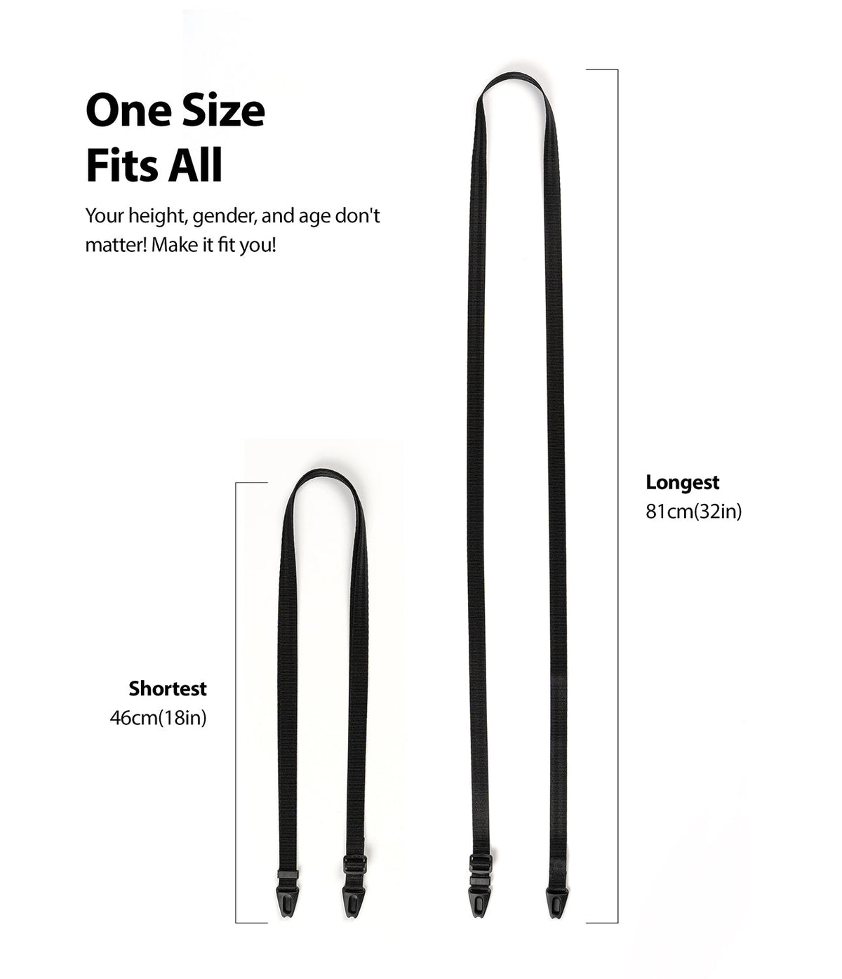 Shoulder Strap | Black / Neon Orange - Adjustable black strap shown at 46cm and 81cm lengths with text highlighting one-size fit.