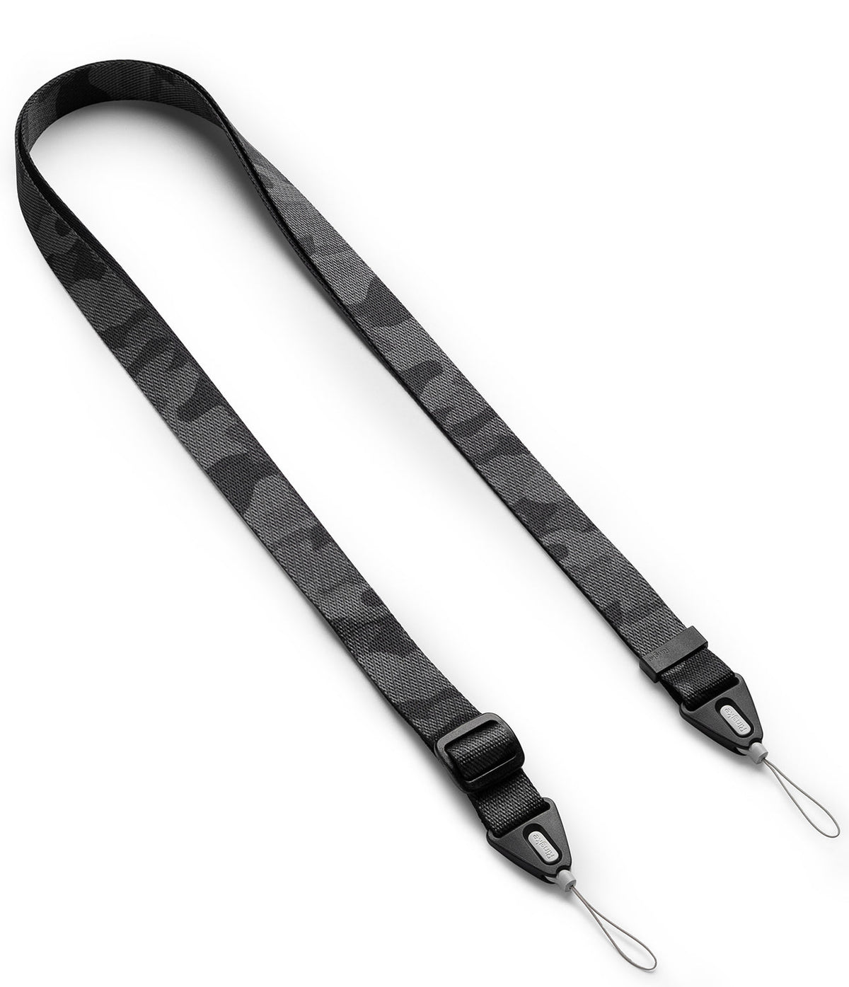 Design Shoulder Strap - Black and grey camouflage patterned fabric strap with adjustable buckles and dual loop connectors.